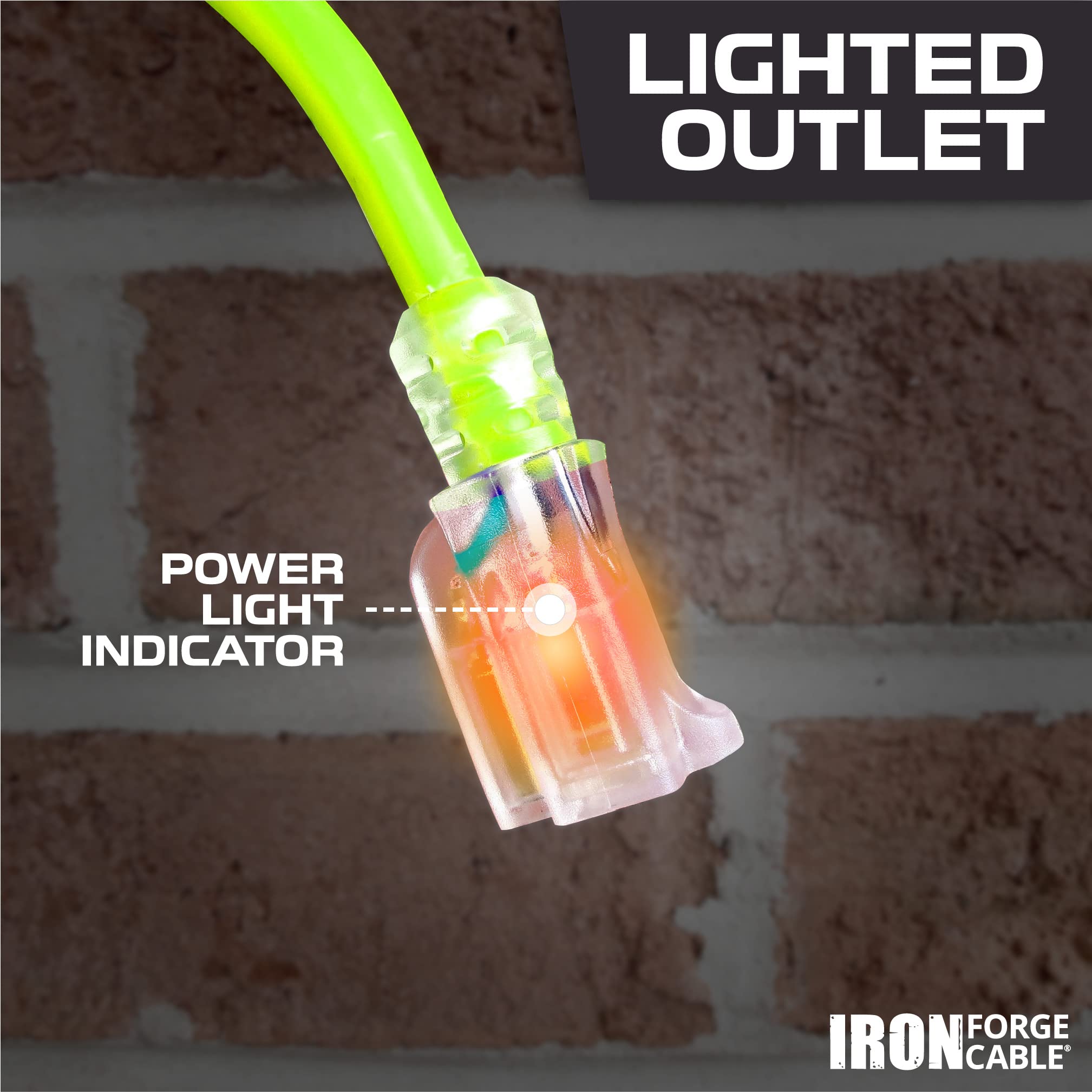 Iron Forge Cable 10 Gauge Extension Cord 10 Ft, 10/3 Heavy Duty Extension Cord 3 Prong Lighted End, Sjtw Weatherproof Light Gree