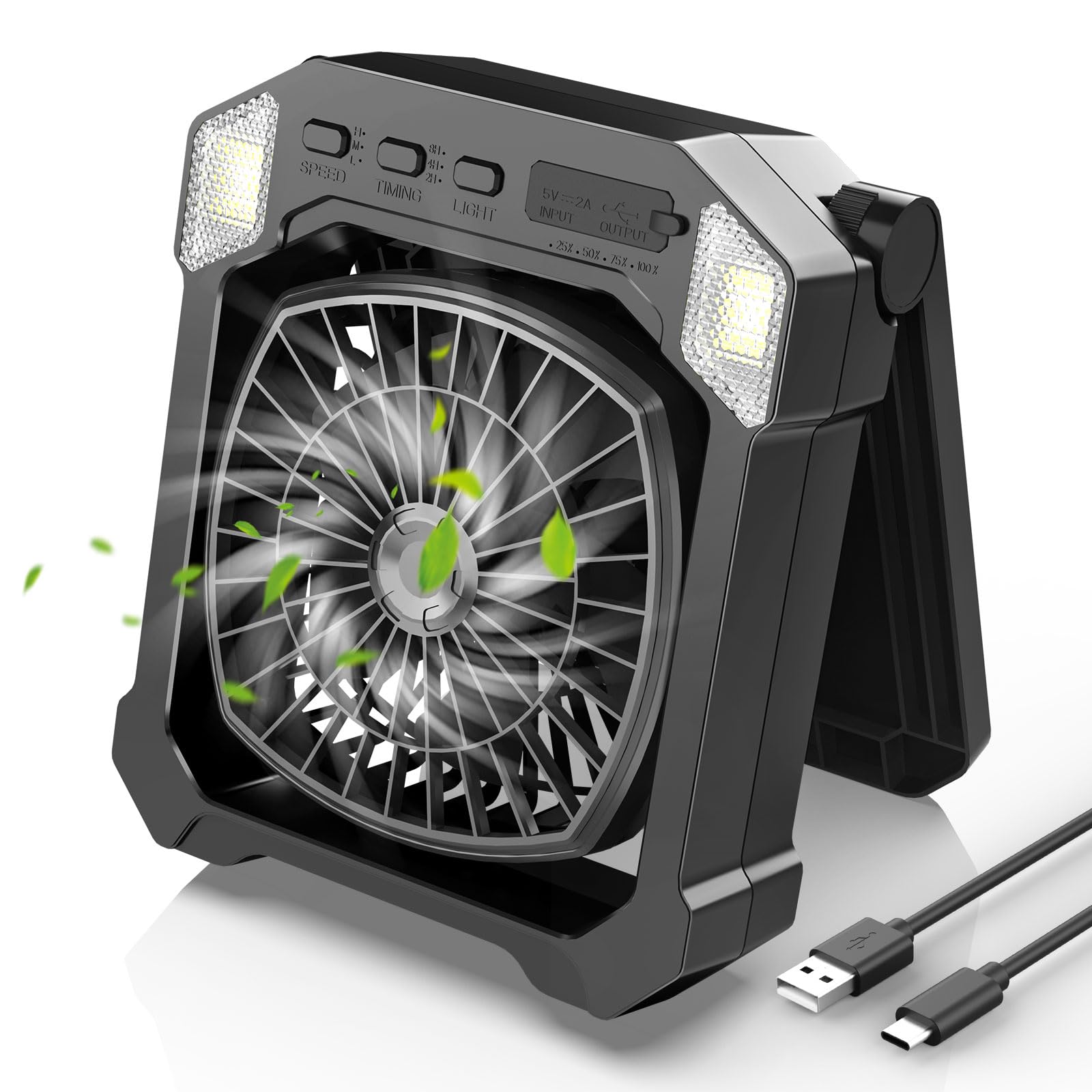 Camping Fan Battery Powered & Solar Powered, Portable Solar Fan 10000mAh Rechargeable Outdoor Fans with Light, Quiet Cordless Fa