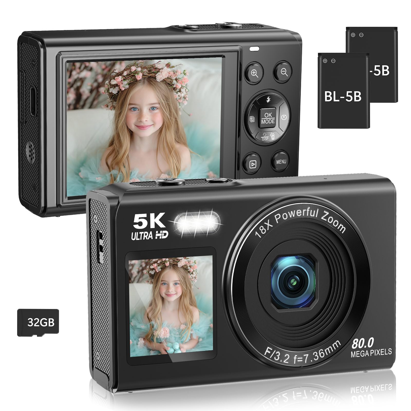 5K 80Mp Digital Camera With Fill Light & 16X Zoom - Dual Screen Vlogging Camera For Youtube/Blogging, Wifi, 32Gb Tf Card, 2 Batt