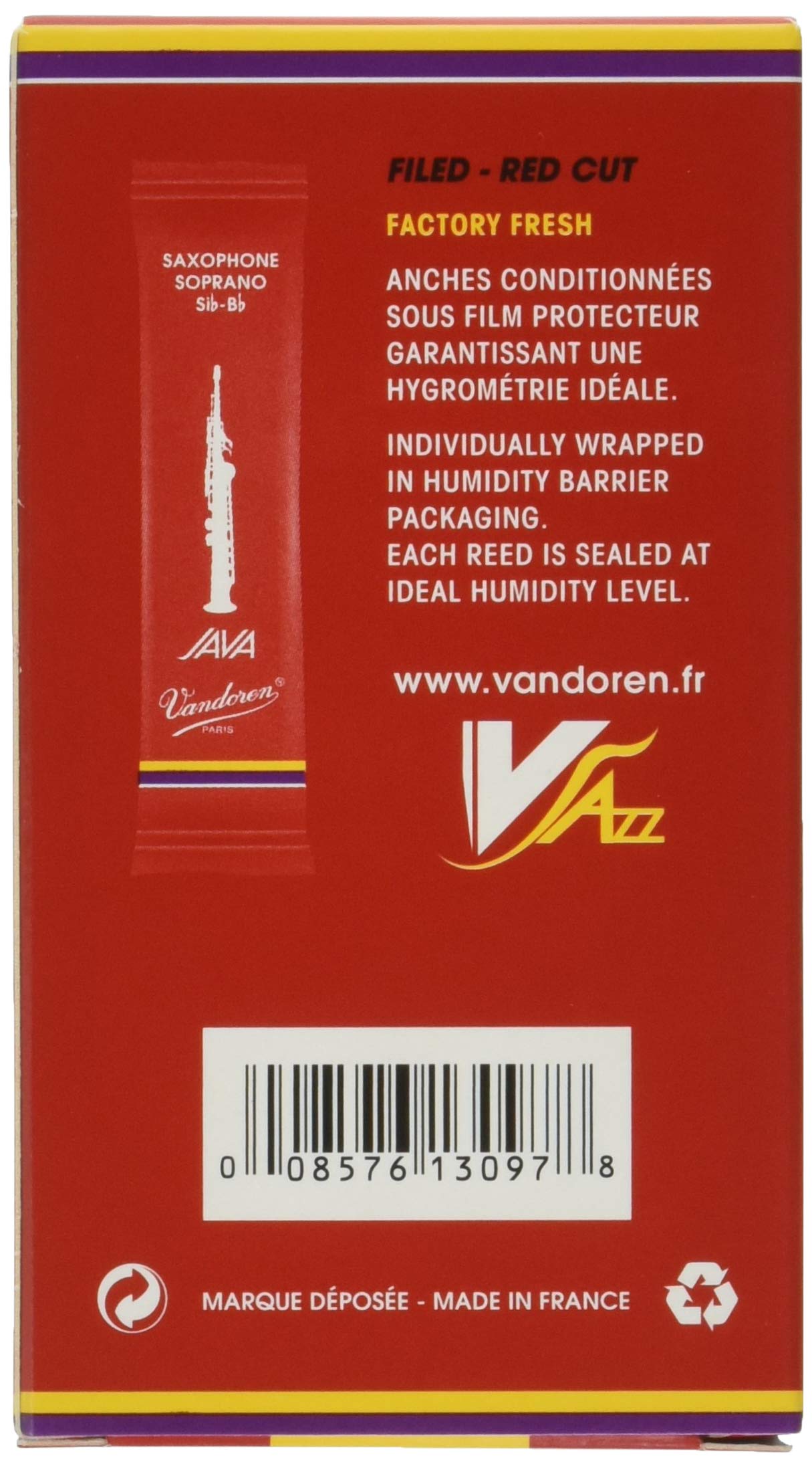 Vandoren Sr303R Soprano Sax Java Red Reeds Strength 3; Box Of 10