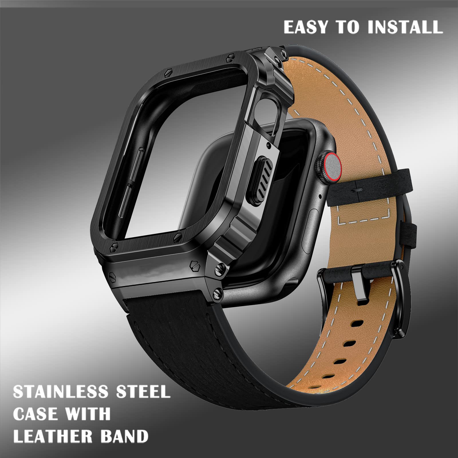 Suplink Stainless Steel Case And Bands Compatible With Apple Watch Se Band Series 6 5 4 3 2 1,Leather Strap Rugged Apple Watch C