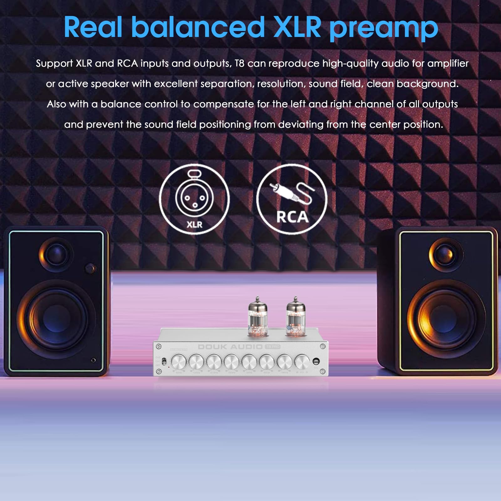 Douk Audio Hifi Vacuum Tube 7 Band Eq Preamp Equalizer Xlr Pre Amplifier Home (T8 Pro Silver)