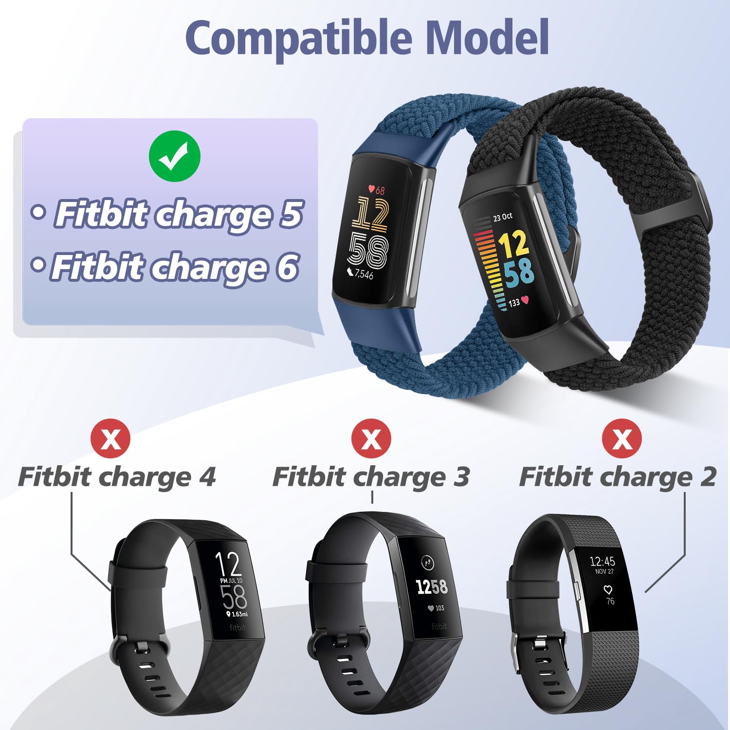 Vndapt Elastic Braided Bands Compatible With Fitbit Charge 5/Fitbit Charge 6 For Women Men, Breathable Adjustable Stretchy Nylon