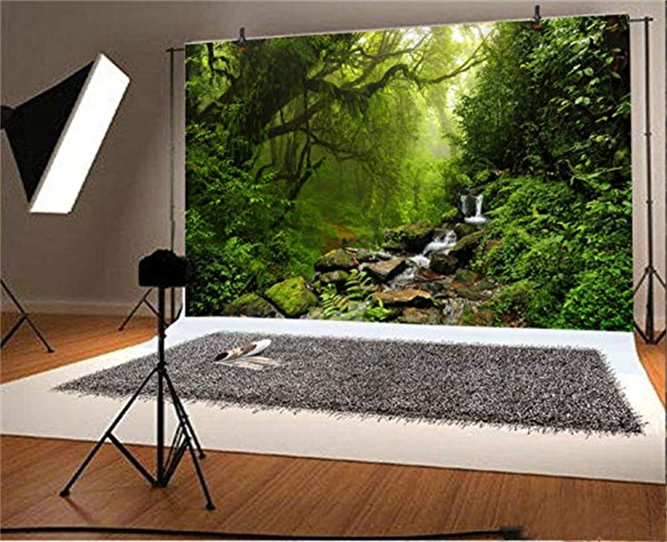 Lfeey 10X8Ft Graceful Natural Scenery Backdrop Evergreen Forest Jungle Rock Flowing Mountain Stream Rainforest Photography Backg