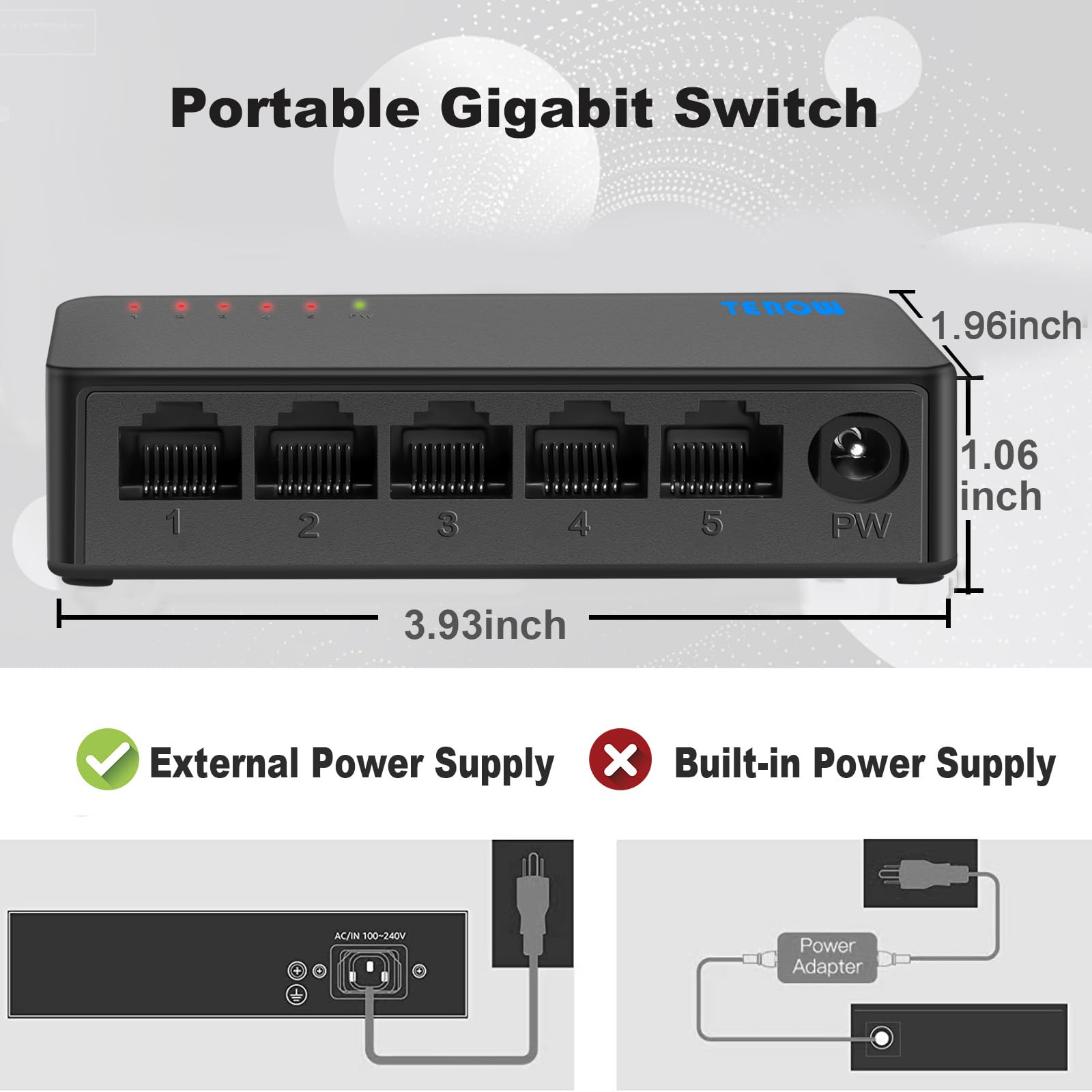 Terow 5 Port Gigabit Unmanaged Network Switch, Portable Switch | Plug & Play | Fanless Housing, Black