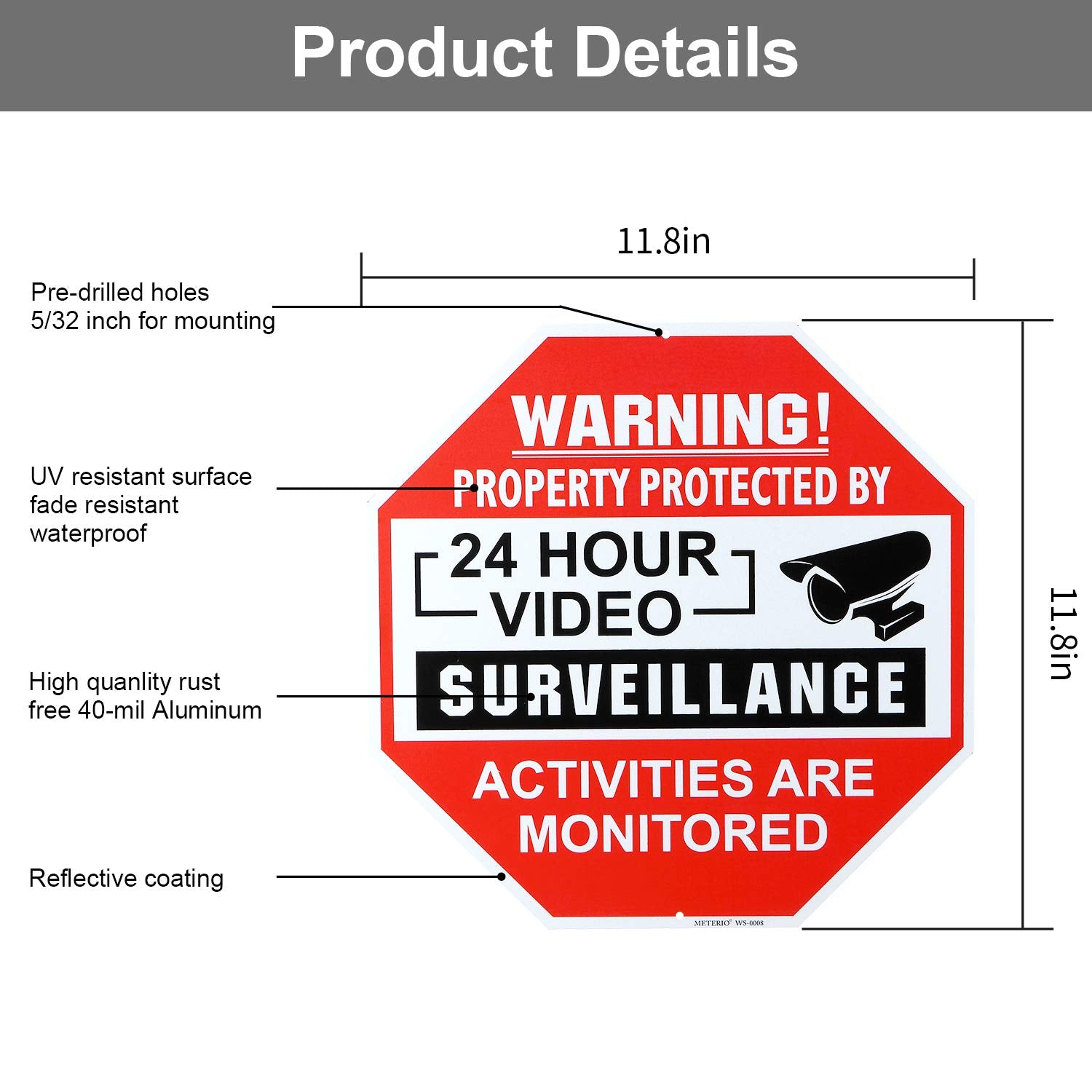 Meterio Video Surveillance Sign 2 Pack, Aluminum No Trespassing Metal Reflective Warning Sign, Uv Protected And Waterproof, Indo