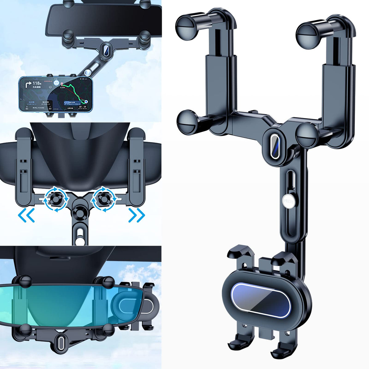 Phone Mount For Car, 360 Rotatable And Retractable Car Phone Holder Mount Free Adjustment Rear View Mirror Phone Holder For Car 