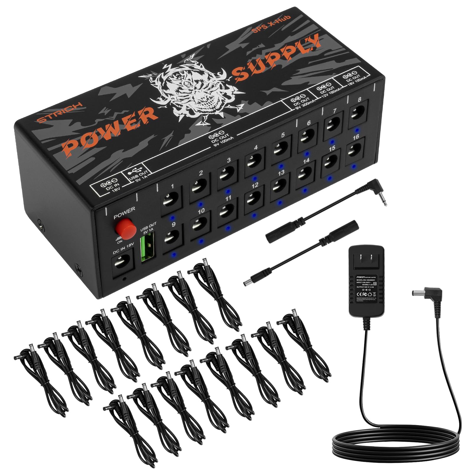 STRICH SPS X-Hub Guitar Pedal Power Supply for 9V/12V/18V, 100mA - 300mA Effects Pedals, 16 Isolated Outputs, Short-Circuit Prot