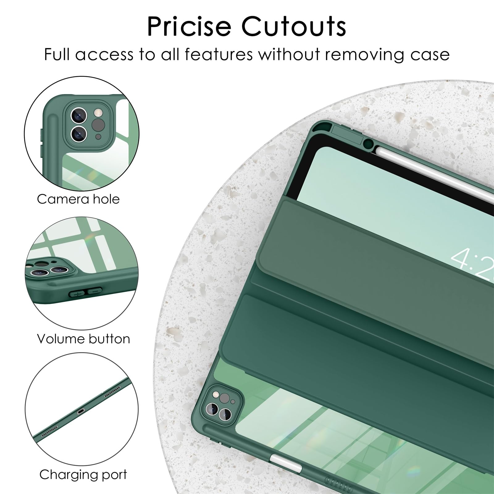 Soke Case For Ipad Air 13 M2 2024/Pro 12.9 (6Th/5Th/4Th Generation, 2022/2021/2020)   Pencil Holder+Auto Sleep/Wake+Camera Protection, Shockproof Back Cover For Ipad Pro 12.9 Inch, Midnight Green