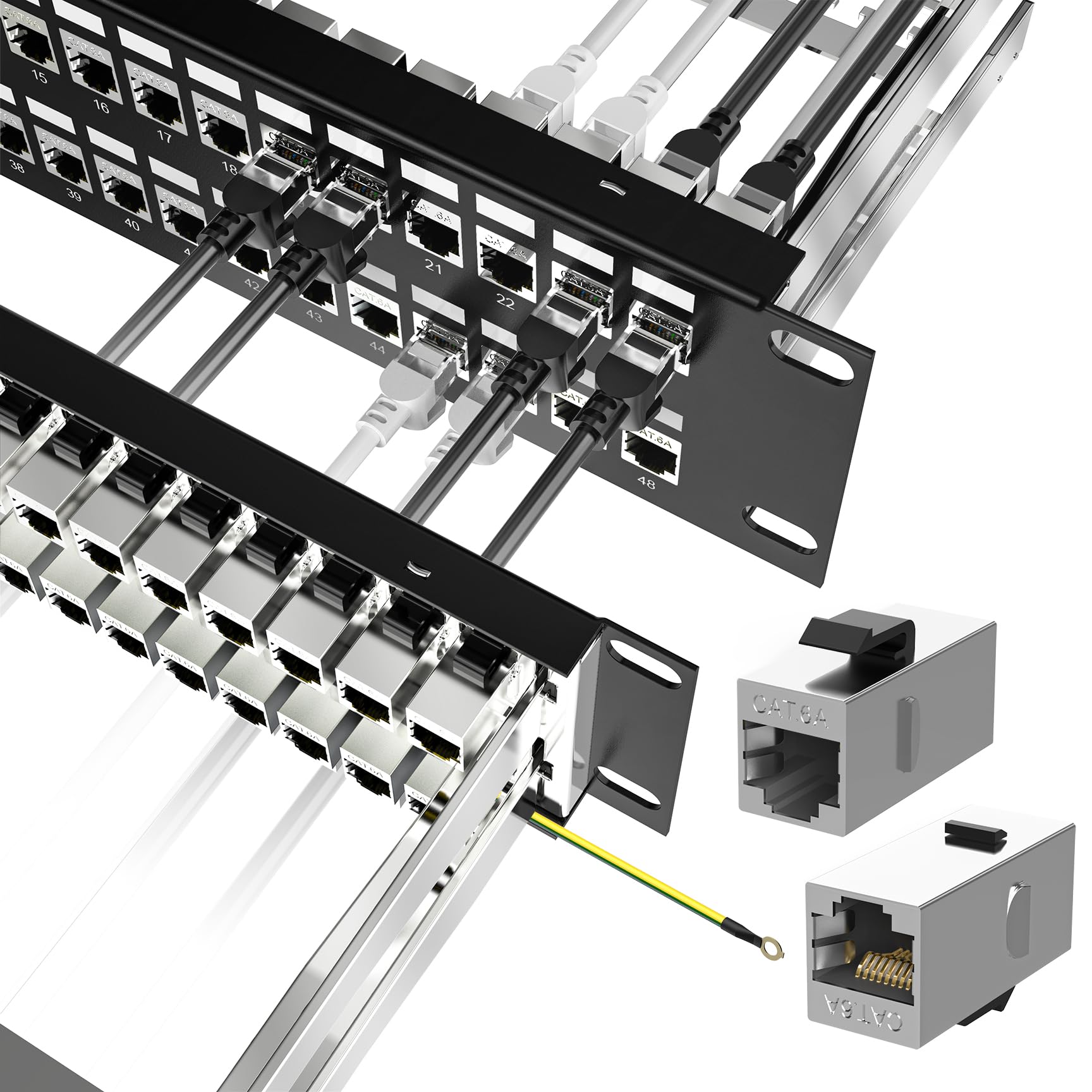 Jadaol [UL Listed] 48-Port Shielded Cat6A Patch Panel, 19    2U Rackmount/Wall Mount Feed-Through RJ45 Panel with 48 Preloaded S