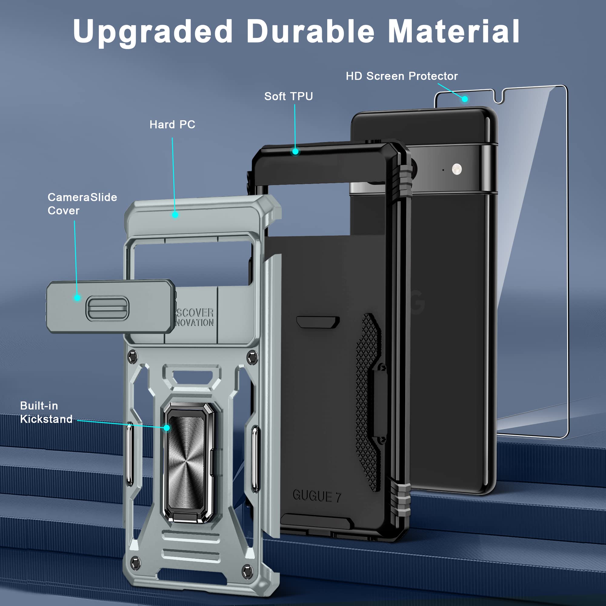 Deerlamn Case For Google Pixel 7 With Slide Camera Cover+Screen Protector(1 Pack), Rotated Ring Kickstand Military Grade Shockpr