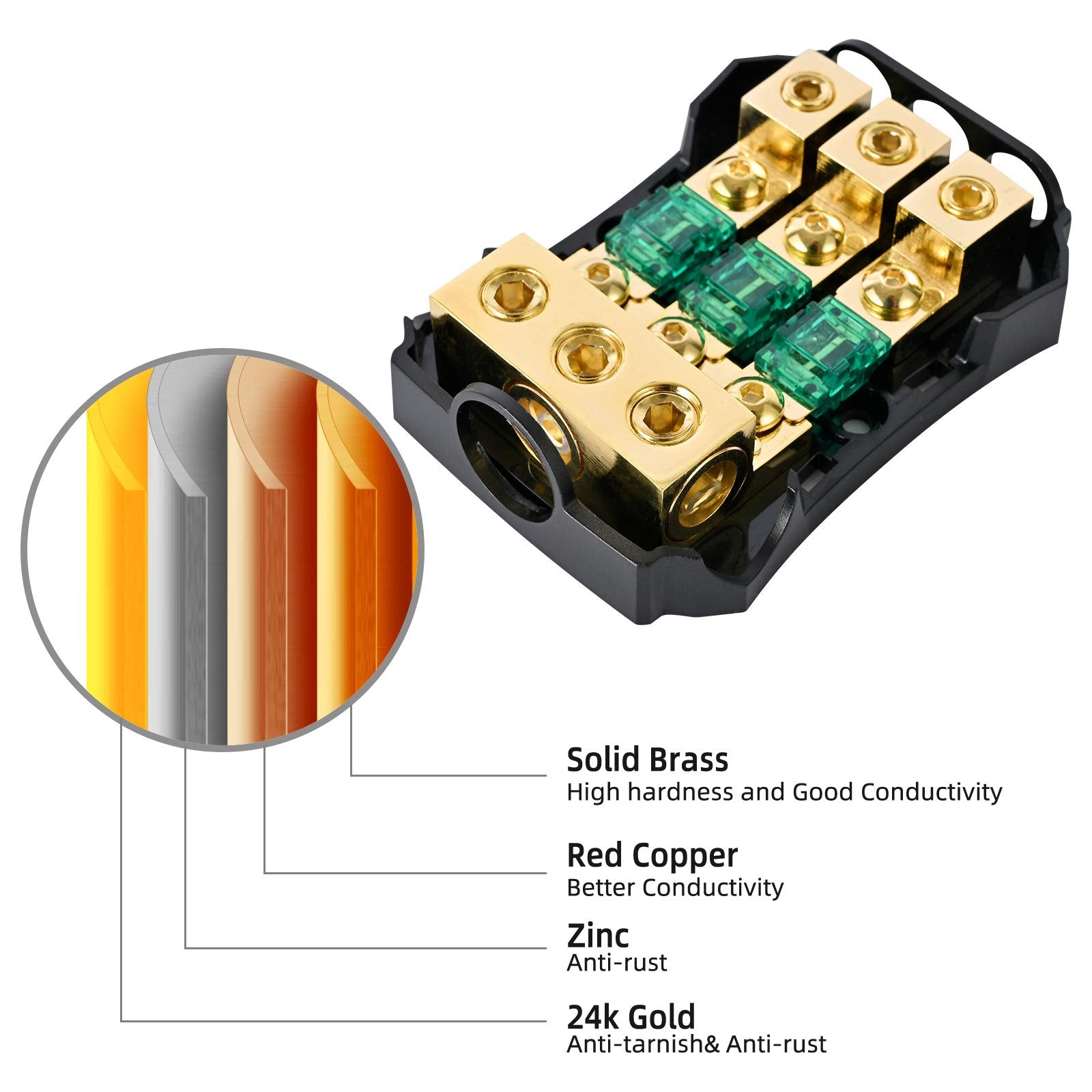 Leigesaudio Copper 0/4 Gauge To 4/8 Gauge 60 Amp Mini Anl 3 Way Fuse Holder Distribution Block
