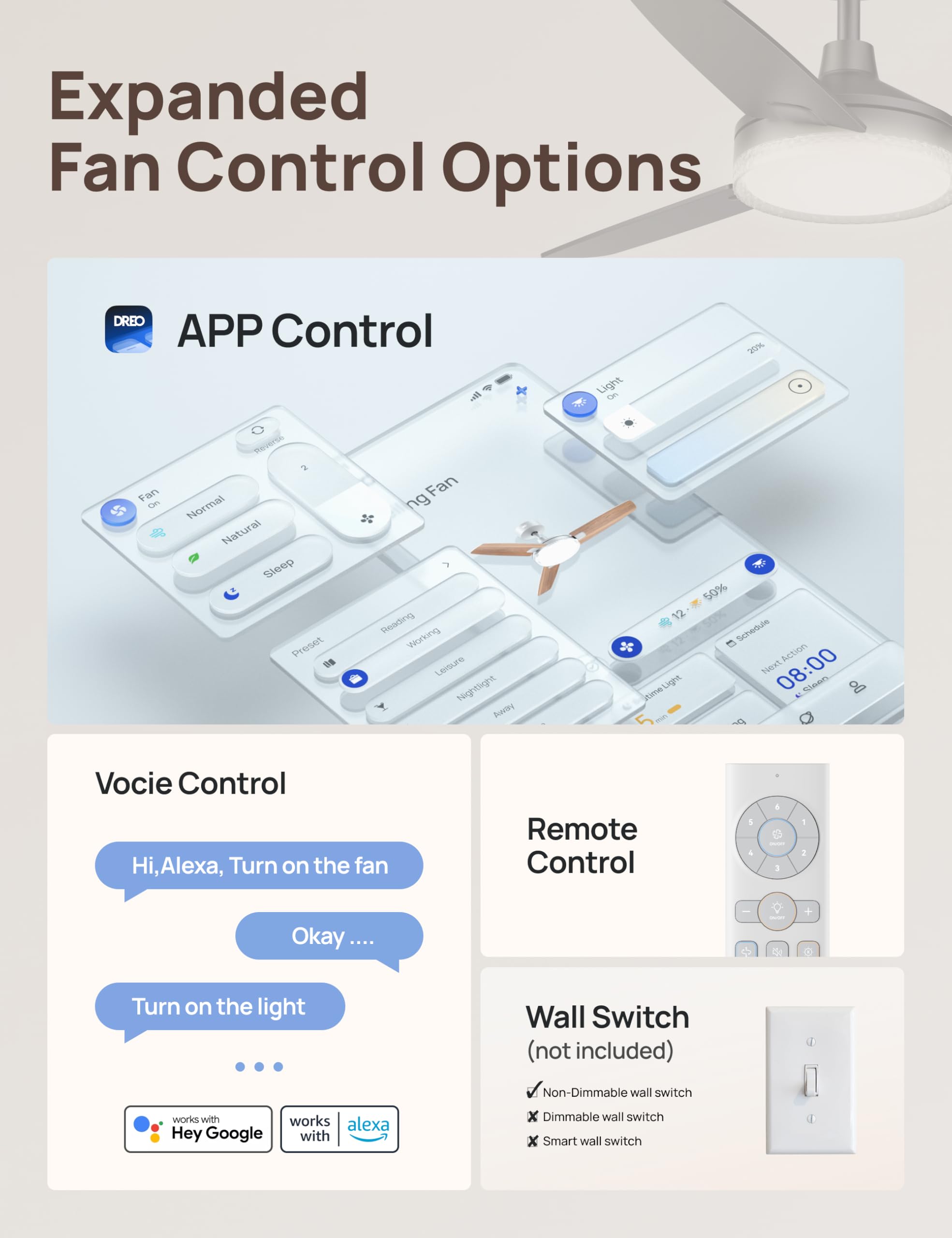 Dreo Smart Ceiling Fans With Lights, 42 Inch Grey Ceiling Fan, 12 Speeds & 3 Fan Modes, Stepless Color Tones, Dimmable Led Light