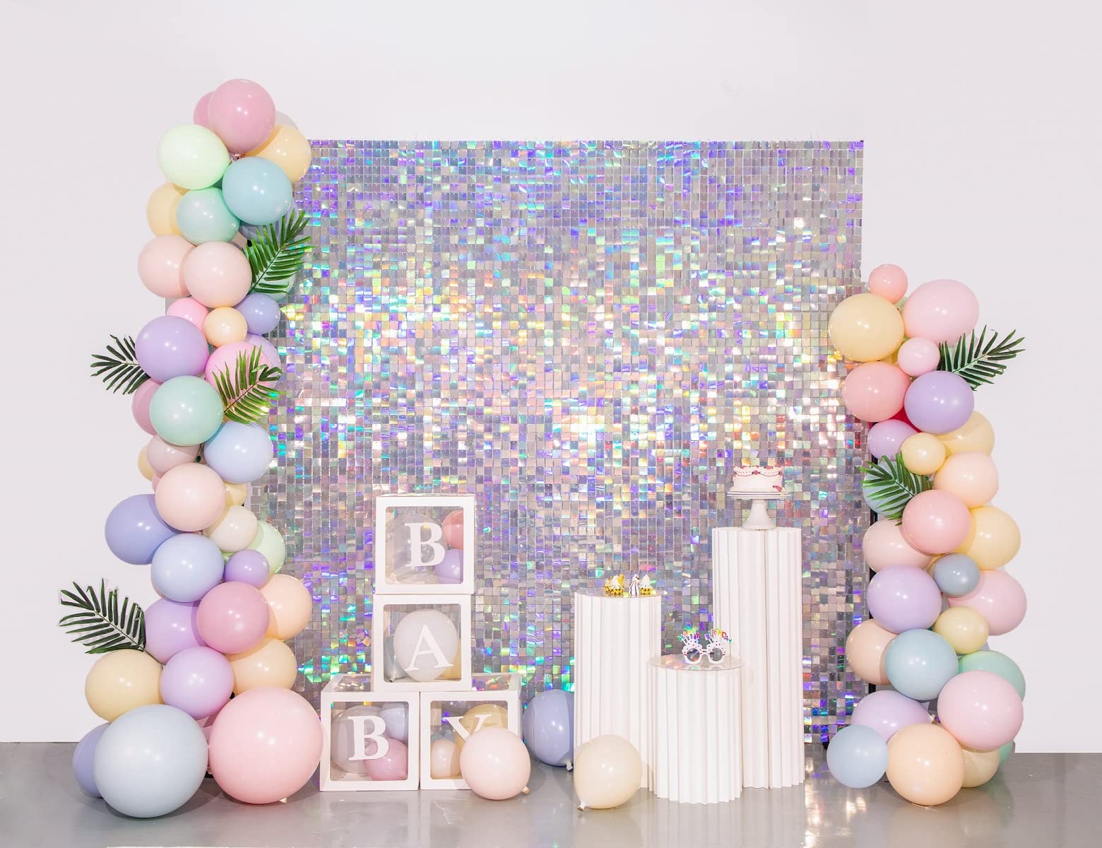 Shimmer Wall Backdrop Iridescent Silver Square Sequin Wall Panel Backdrop Decor For Wedding, Anniversary, Birthday, Party, 12 Pa