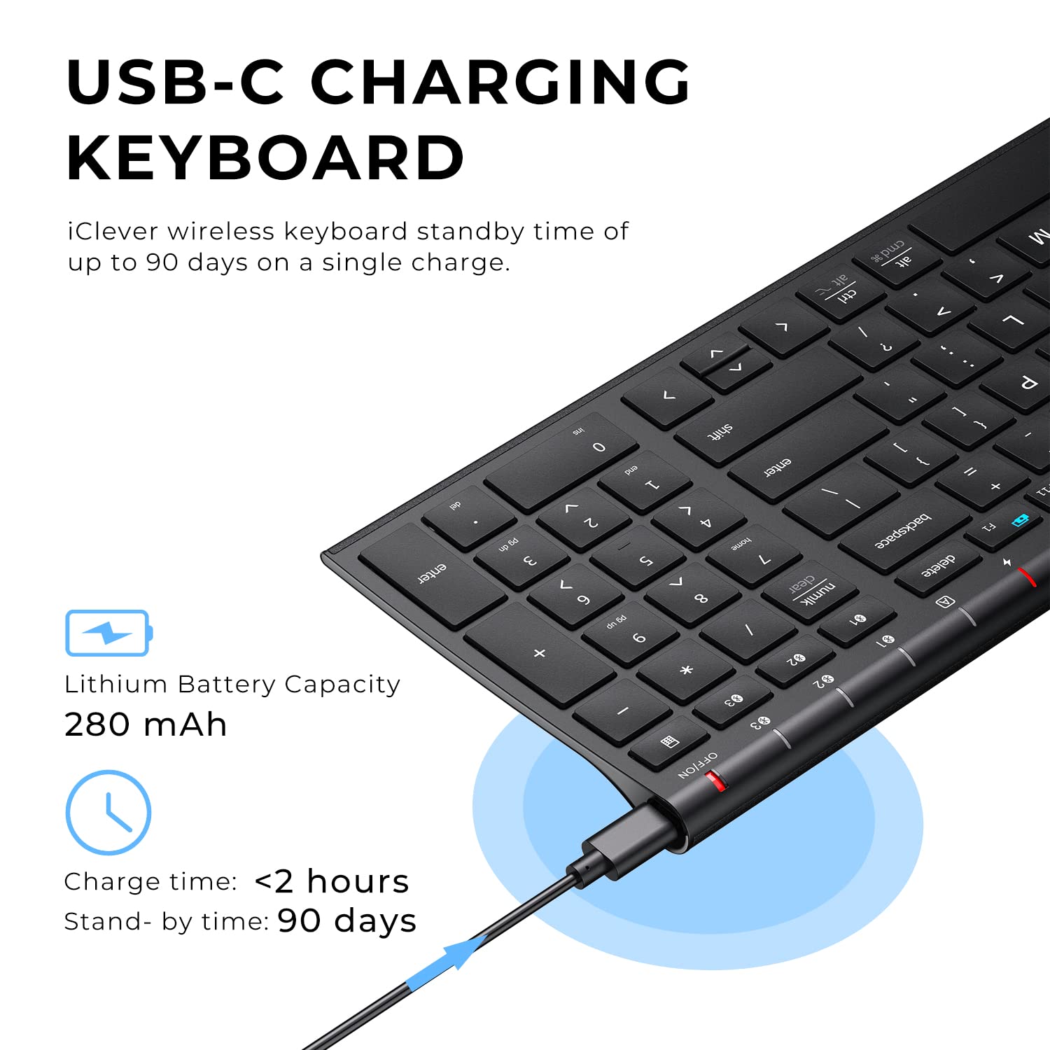 Iclever Bk10 Bluetooth Keyboard, Wireless Bluetooth Keyboard, Rechargeable Bluetooth 5.1 Multi Device Keyboard With Number Pad F