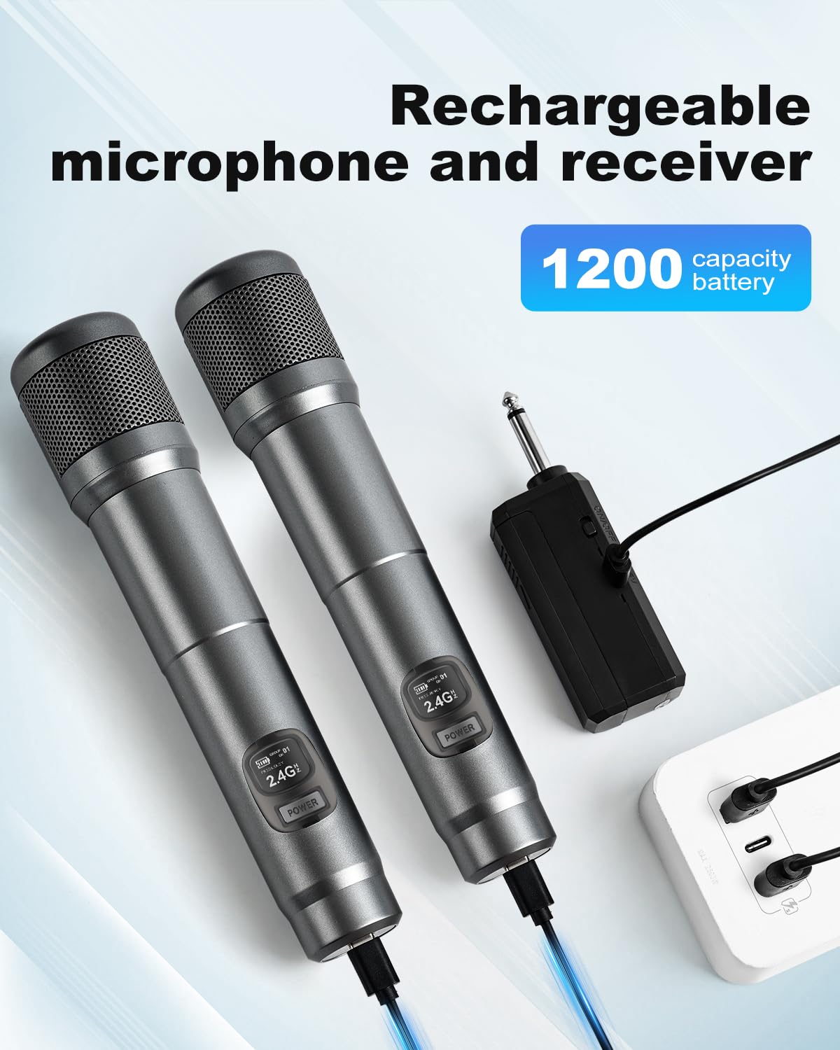 Luvumvlt Wireless Microphone, Dual Handheld Dynamic Mic With Rechargeable Receiver, 40H Duration, 200Ft Range, Plug And Play, Ka