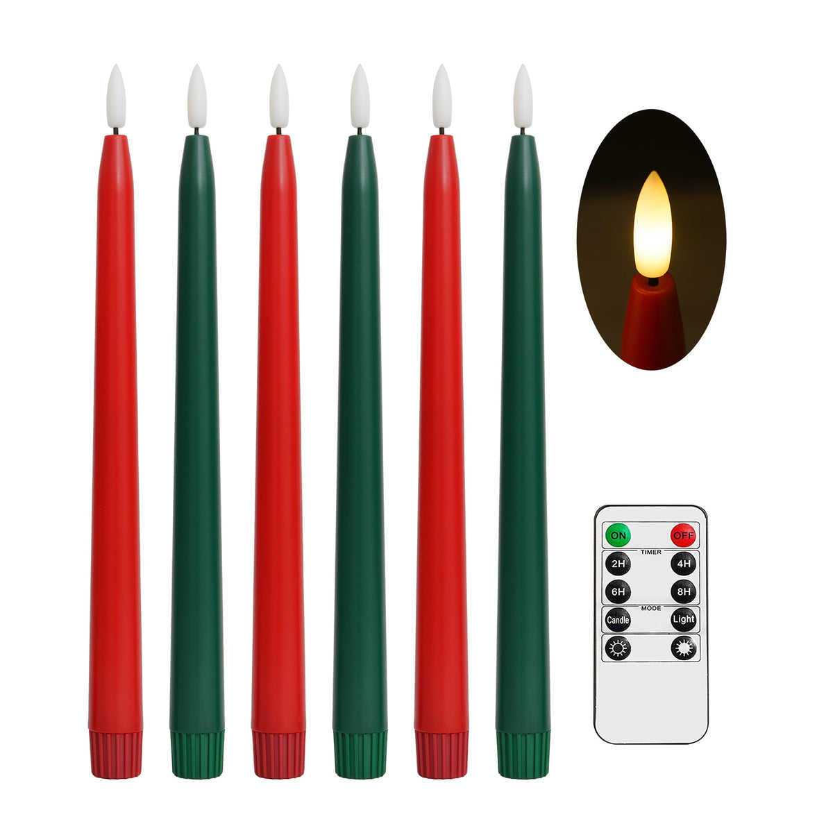 Stmarry Green And Red Flameless Taper Candles With Remote Control - 11 Inch Led Candlesticks Battery Operated, Realistic 3D Flam