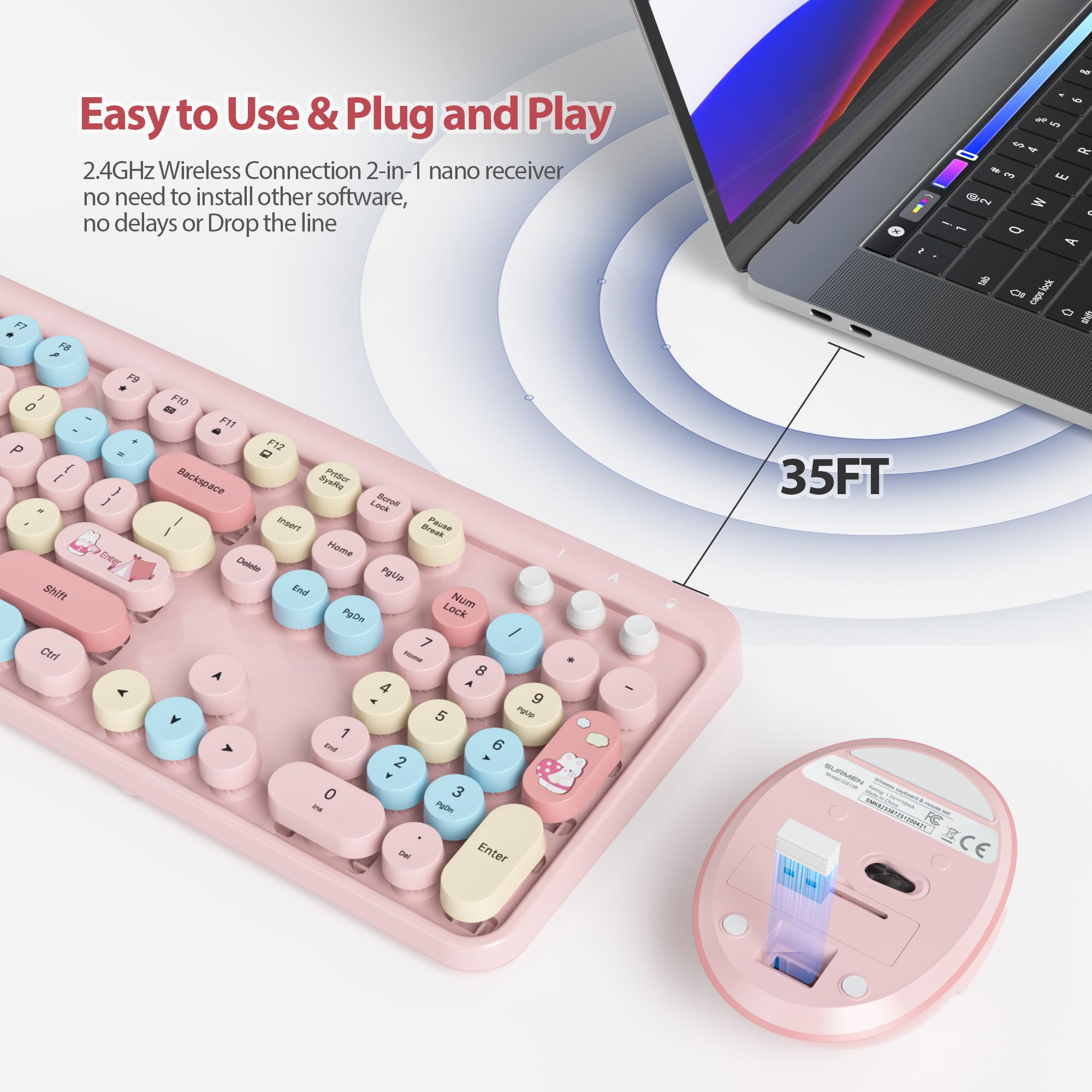 Fogruaden Pink Keyboard And Mouse Wireless, Retro Typewriter Keyboard, 2.4Ghz 104 Keys Full Size Cute Keyboard With Number Pad,