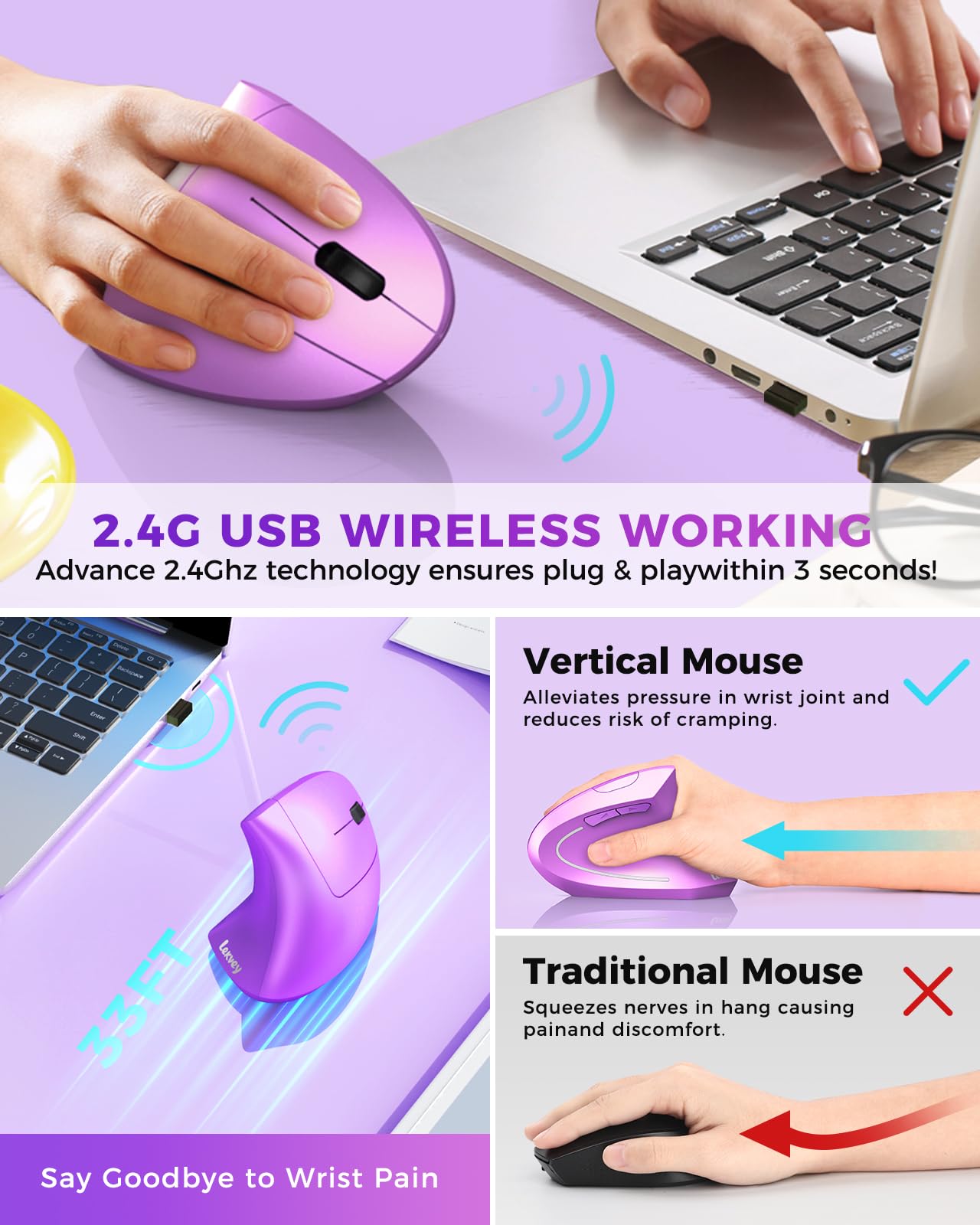 Lekvey Ergonomic Mouse, Wireless Vertical Mouse Rechargeable 2.4 Ghz Optical Carpal Tunnel Mice : 800/1200 / 1600 Dpi, 6 Buttons