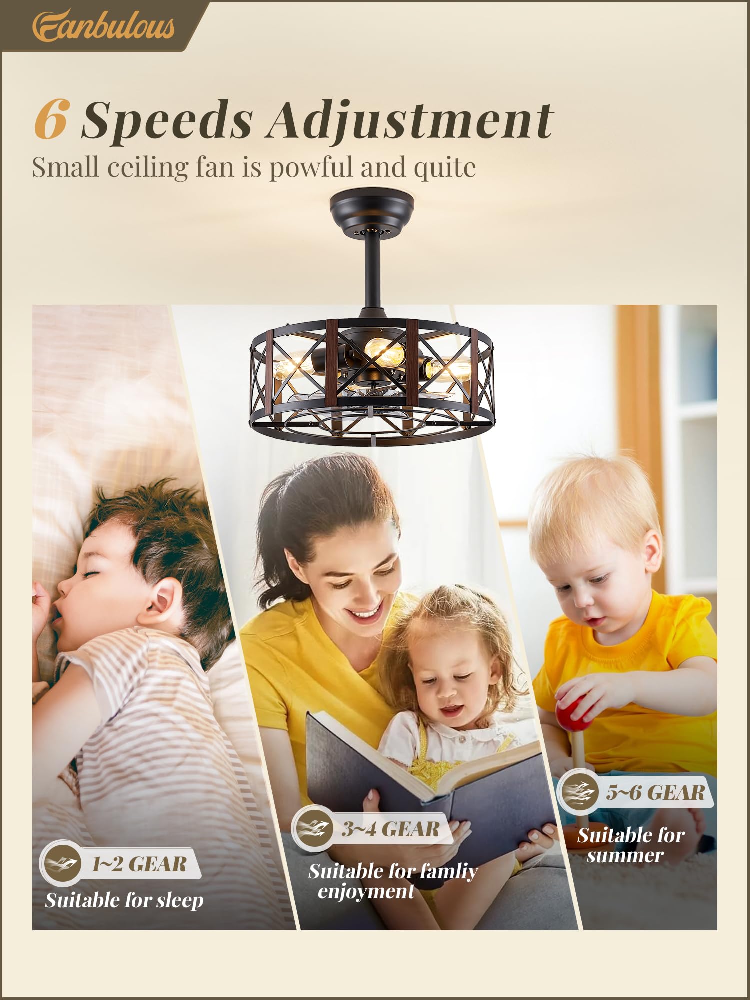 Fanbulous 16In Caged Ceiling Fans With Lights And Remote, Fandelier Ceiling Fan With 6 Speeds And Timing, No Beep, Farmhouse Sam