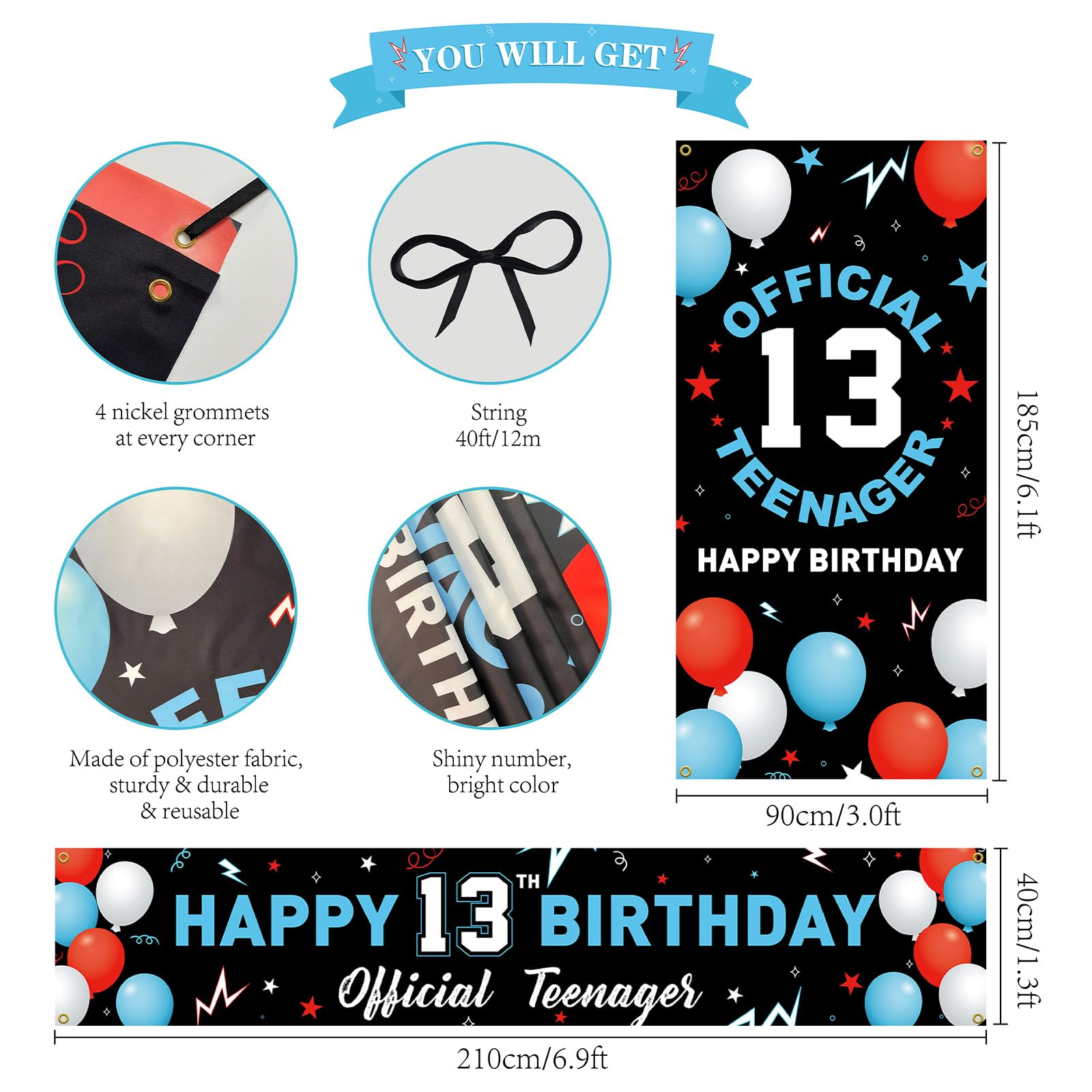Htdzzi 13Th Birthday Backdrop Banner Decorations Kit, Happy 13Th Birthday Decoration For Boys Girls, Official Teenager 13 Year O