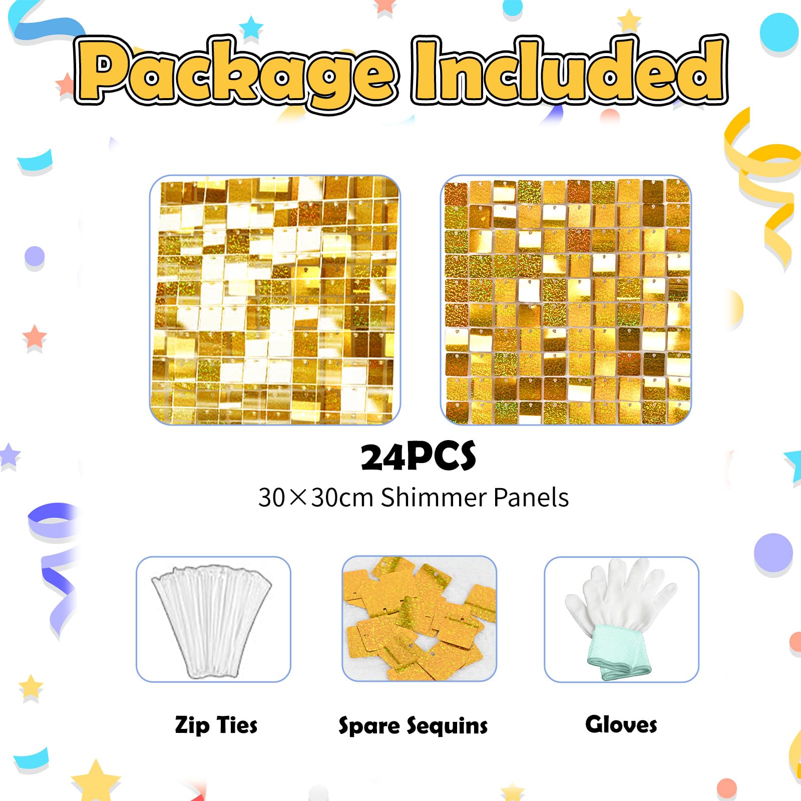 Biapian Gold Shimmer Wall Backdrop, 24Pcs Square Sequin Shimmer Wall Panels Color Laser Gold Glitter Photography Props For Party