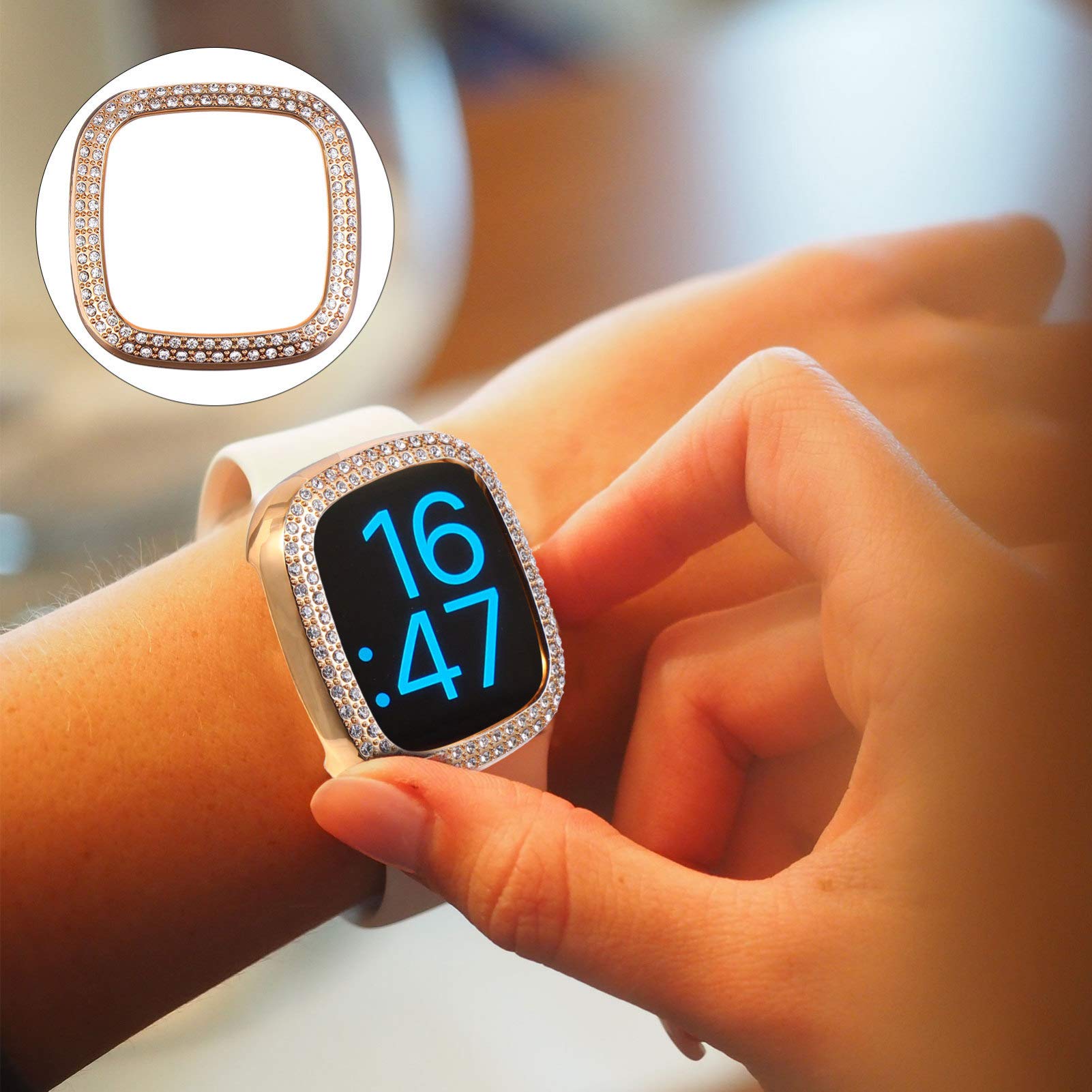 Ukcoco Bling Case Crystals Diamond Frame Protector Compatible With Fitbit 3/Sense Smartwatch Full Around Electroplate Protective