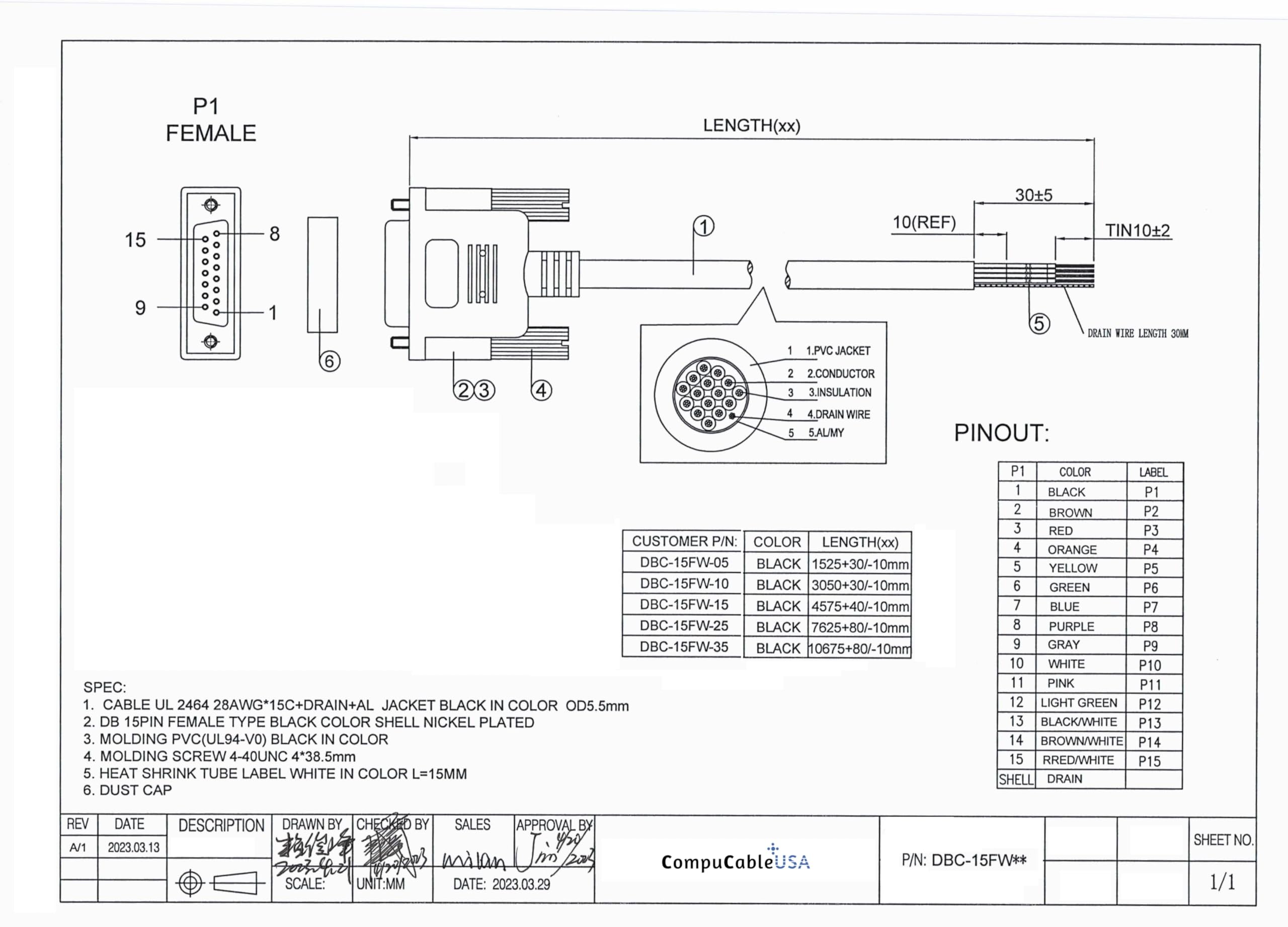 Compucableplususa.Com Best Industrial Serial Db15 D Sub15 Pin Female Rs232 Serial Cable With Bare Wire   28 Awg With Black Pvc J