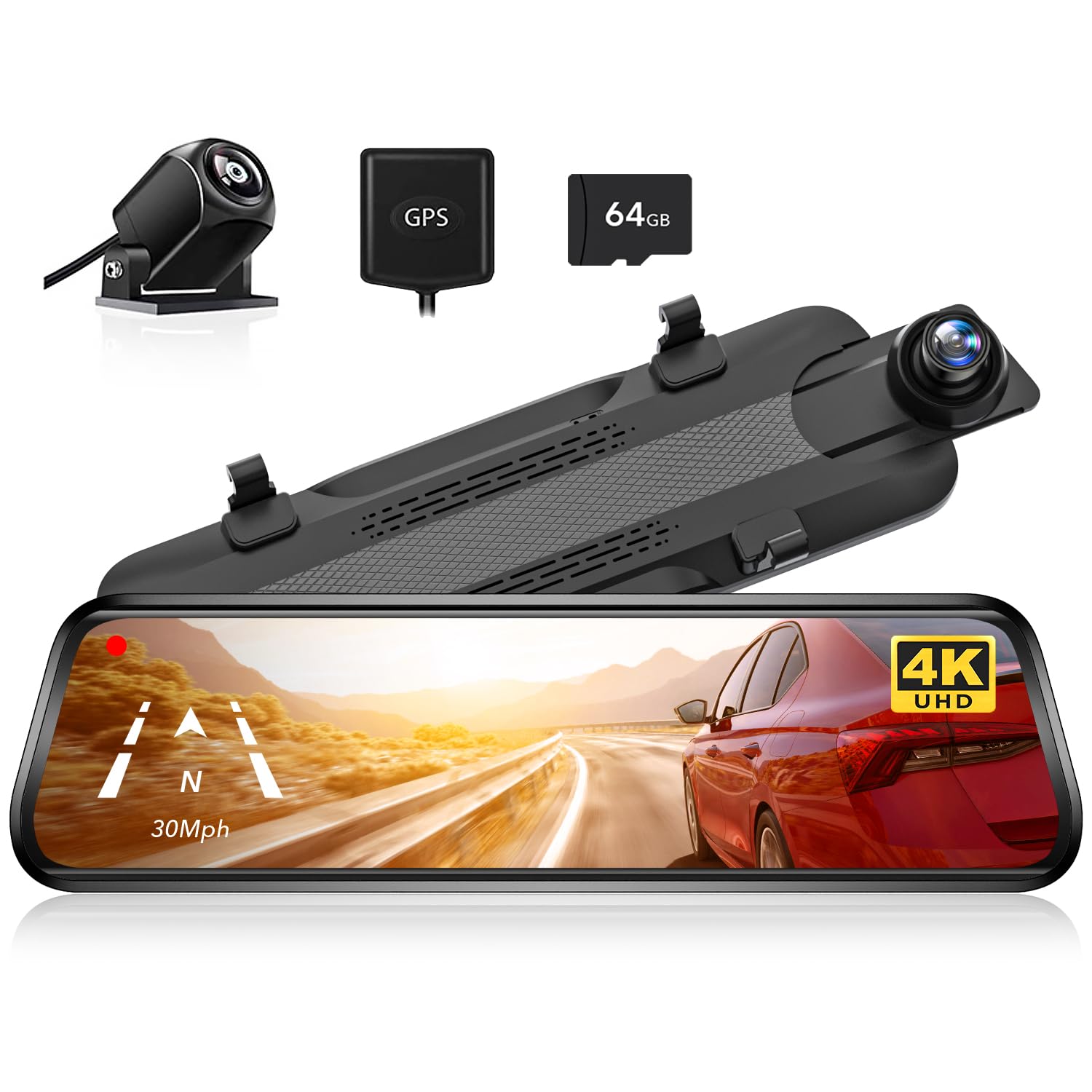 Wolfbox G930 4K 10'' Rear View Mirror Camera, Dash Cam Front And Rear For Car With 64Gb Card, Touch Screen Smart Rear View Mirro