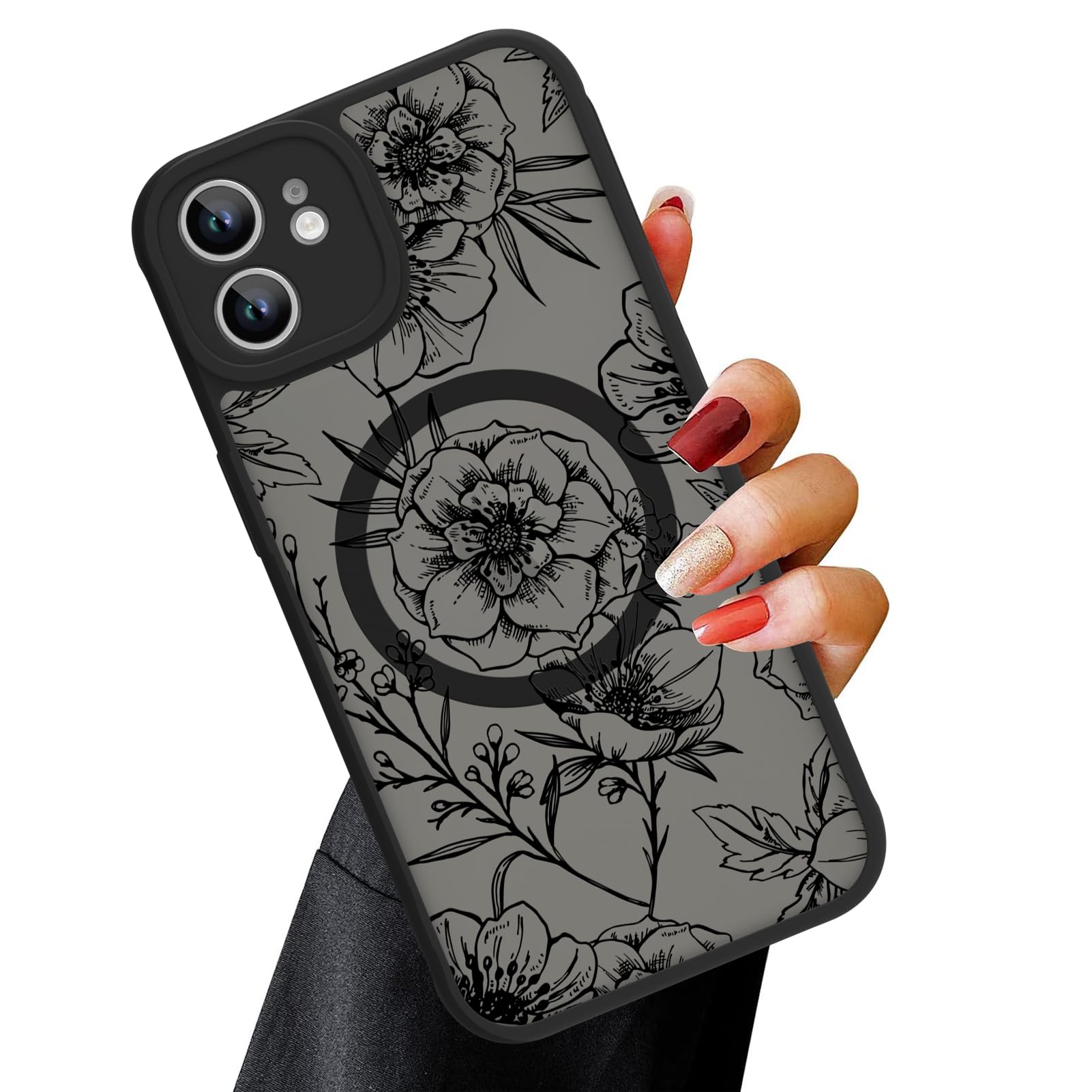 Ook Magnetic For Iphone 11 Case Black Flower Floral Pattern [Compatible With Magsafe] Slim Translucent Matte Camera Lens Protect