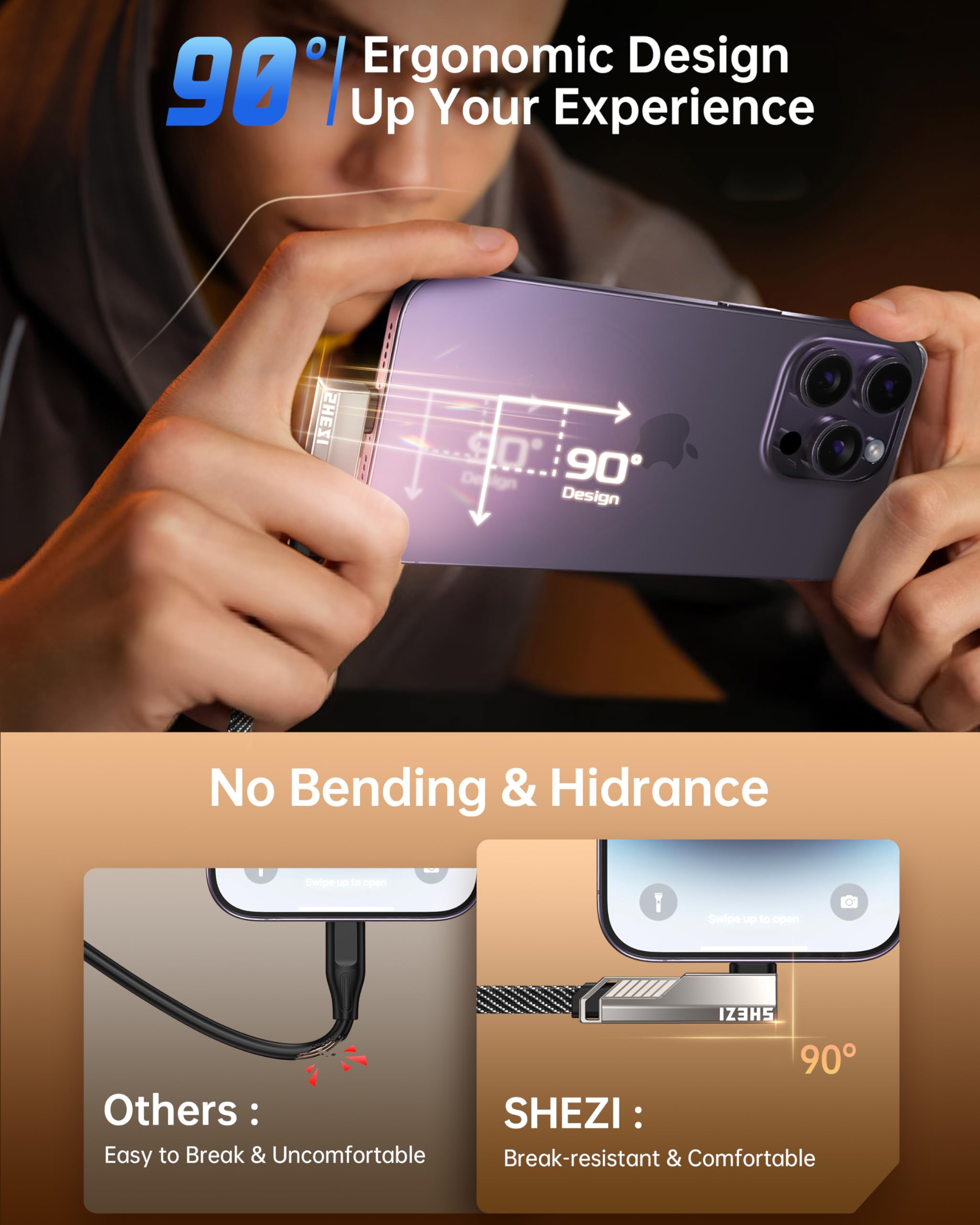 Shezi 4 In 1 [Upgraded] Usb C Cable 45W 5Ft Lightning Cable 90 Degree, Fast Charging Flat Nylon Braided For Iphone Ipad Charger