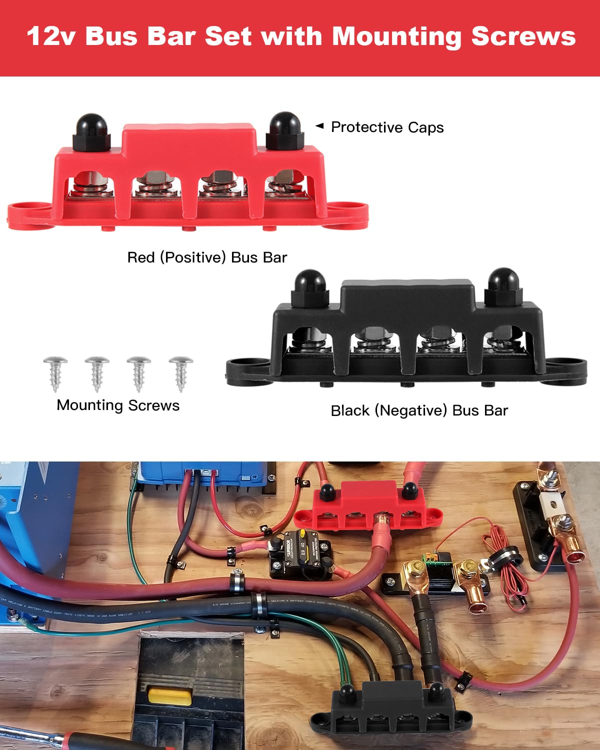 Gioyonil 12V Bus Bar Power Distribution Block 3/8, 4 Post Max 48V 250A Heavy Duty Battery Terminal Junction Block Busbar With Co