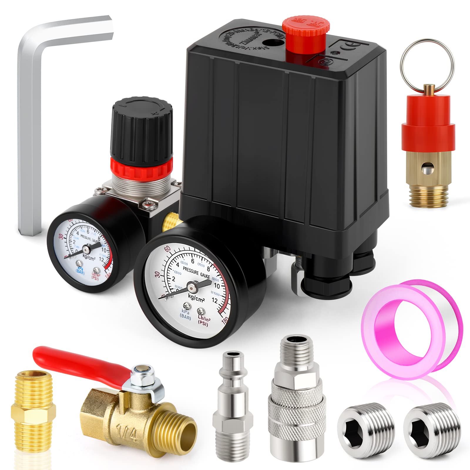 Meanlin Measure Air Compressor Pressure Switch Control Valve 90 120 Psi 110V 240V 4 Way Replacement Parts With 0 180 Psi Air Com