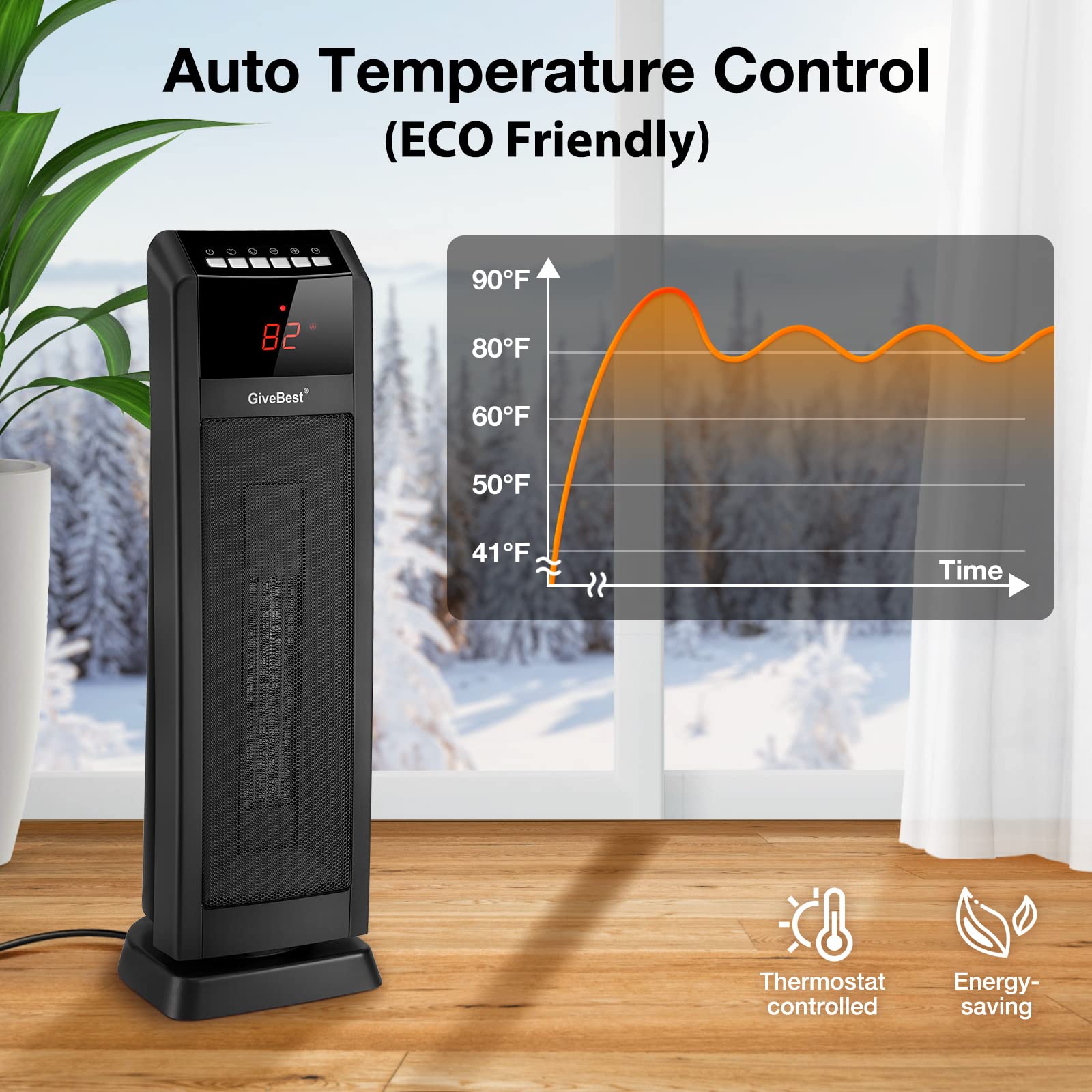 Givebest Space Heater For Large Room, 24'' Ceramic Tower Heater With Remote Control 1H To 8H Timer Etl Certified Digital Oscilla