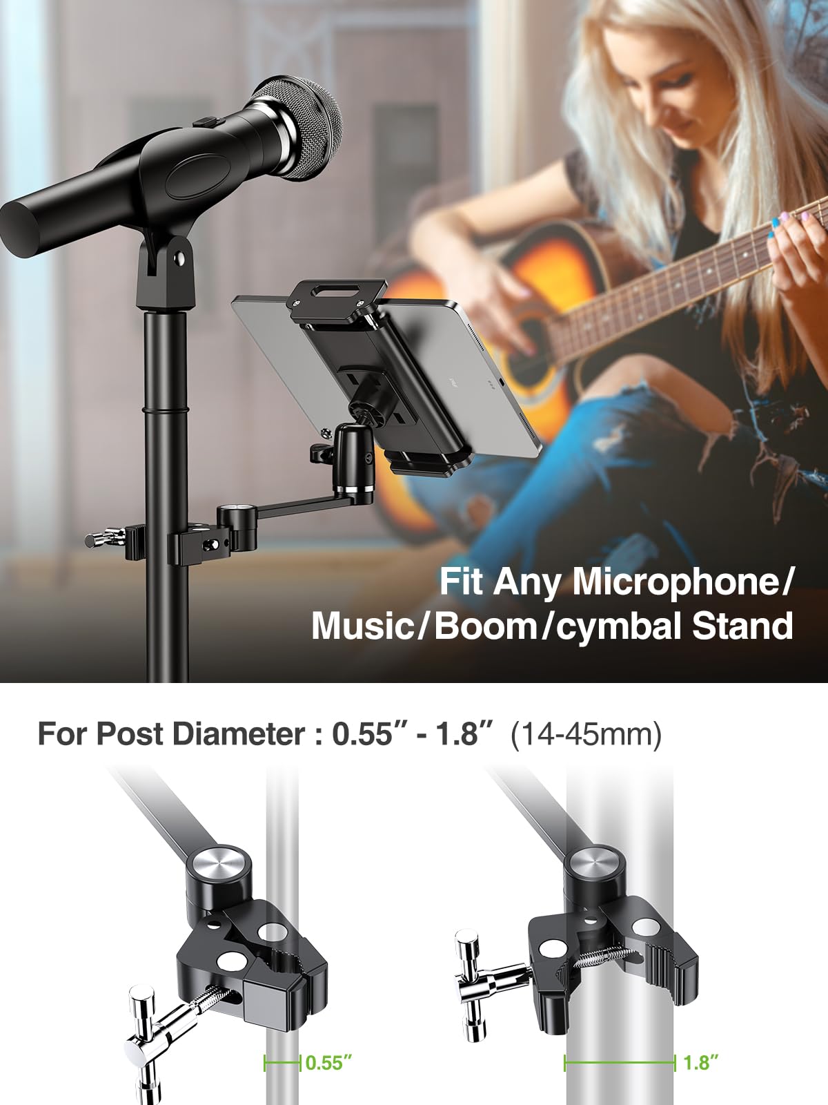 Elitehood 8.5In Long Arm Ipad Holder For Mic Stand, 360� Adjustable Aluminum Mic Stand Tablet Holder, Microphone Music Stand Mount & 1/4 Ipad Tripod Mount For Ipad, Iphone, Android 4 13In Tablets