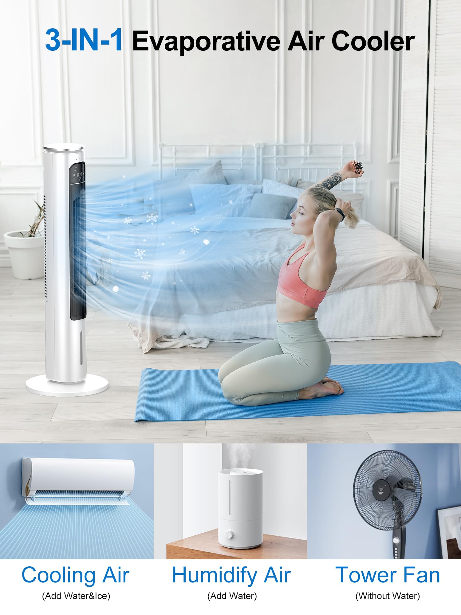 Evaporative Air Cooler, 37    Swamp Cooler, Portable Air Conditioners, 4 Modes, 12H Timer, 70 Oscillating, Removable Water Tank,