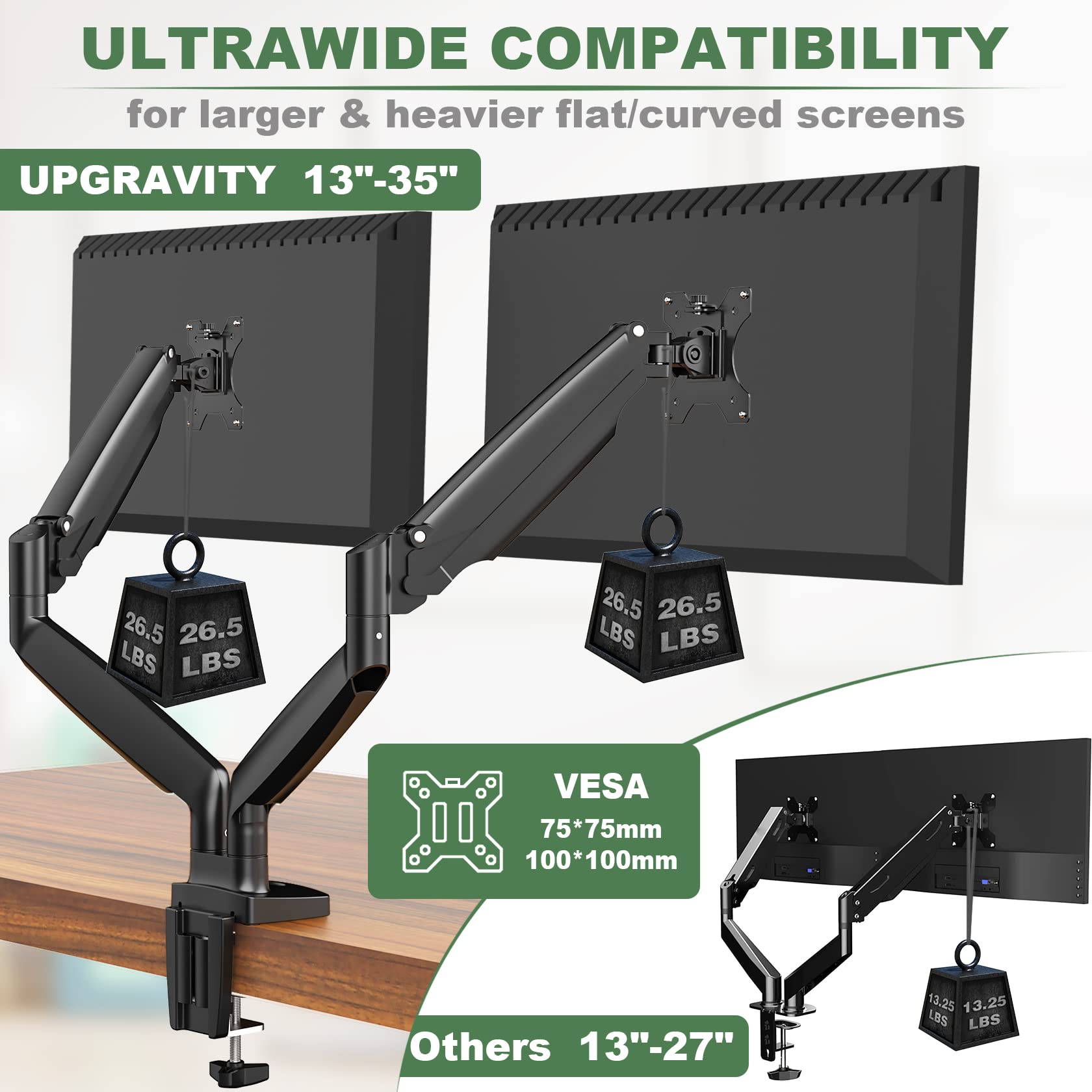 Upgravity Dual Monitor Mount, Dual Monitor Desk Mount For Two Ultrawide 22'' 34'' Flat/Curved Computer Screens, Fully Adjustable