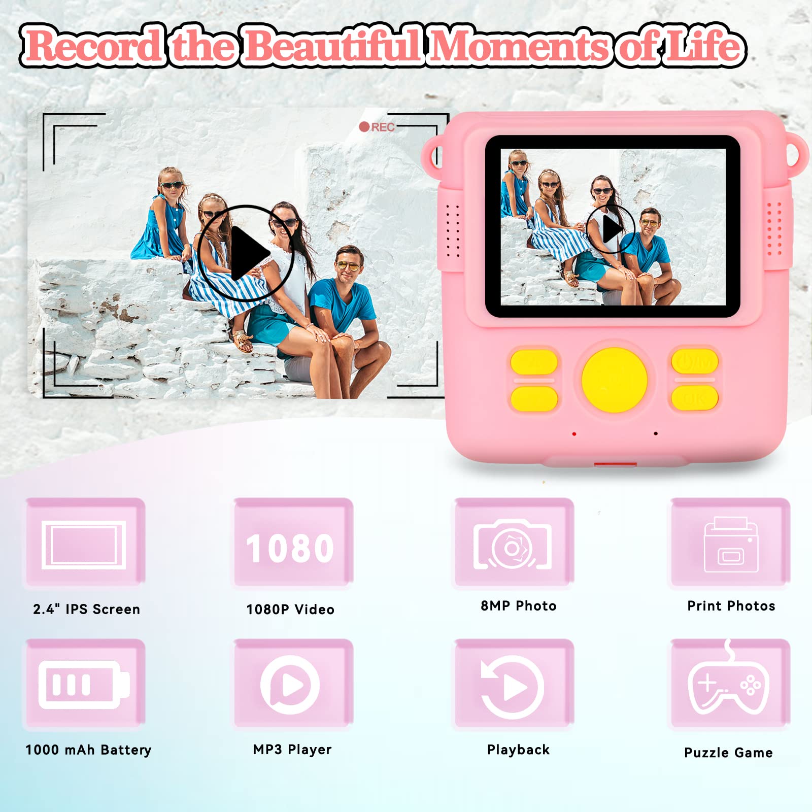 Instant Print Camera For Kids With 3 Rolls Of Printer Paper, 1080P Toddler Digital Camera Toys For Age 3 12 With 32Gb Sd Card, Christmas & Birthday Gifts For 3 4 5 6 7 8 Year Old Girls & Boys (Pink)