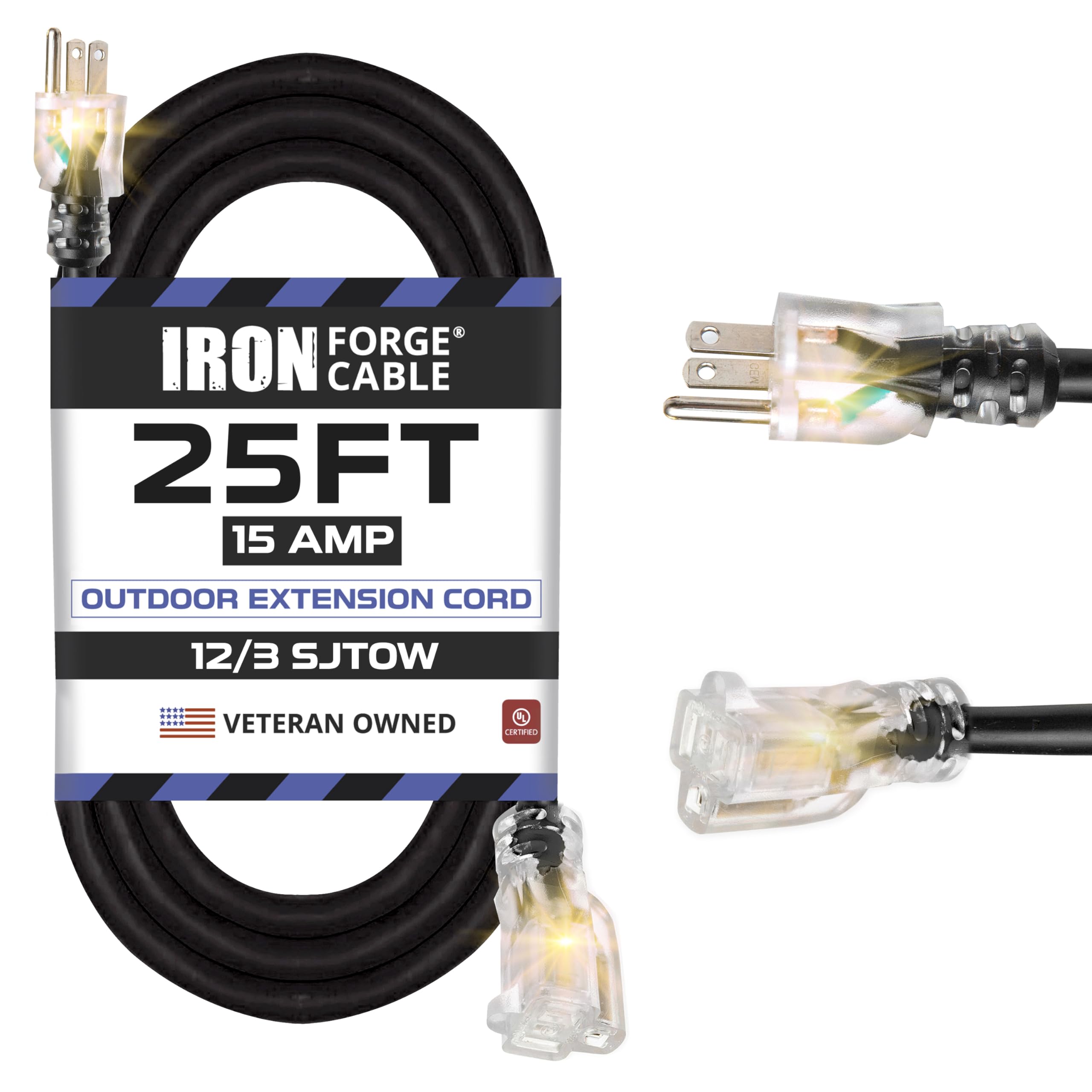 Iron Forge Cable 25 Ft Heavy Duty Extension Cord Outdoor, Sjtow Oil Resistant 12 Gauge Extension Cord 25Ft With 3 Prong, 12/3 Bl