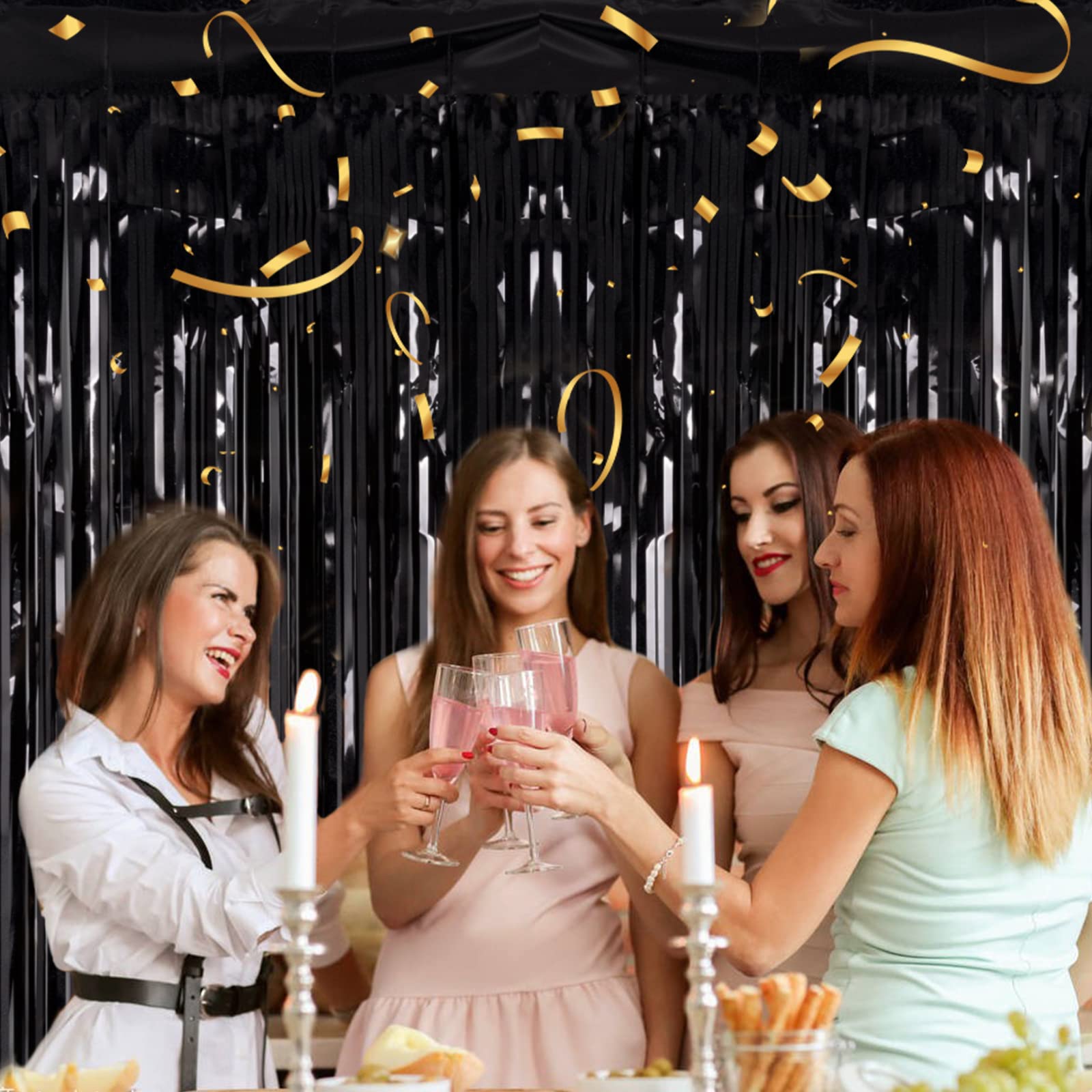 2 Pack 3.2Ft X 8.2Ft Black Tinsel Foil Fringe Curtains, Metallic Foil Tinsel Photo Booth Backdrop Streamer For New Years Decorat