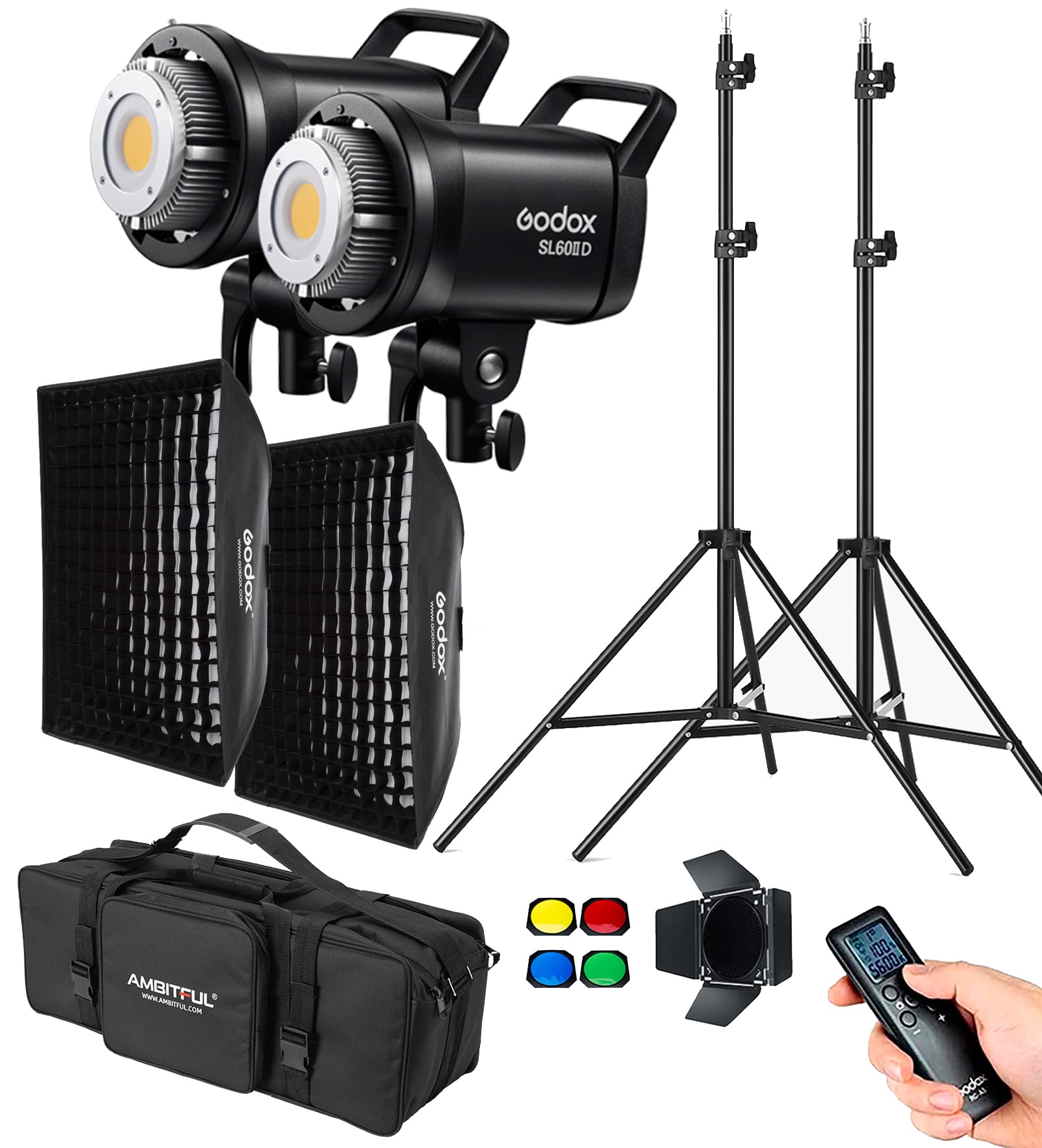 Godox Sl60Iid Sl60Ii D Led Video Lights,Cri96+,Tlci97+ White Bowens Mount With Grid Soft Box,Carrying Bag, Light Stand (Sl60Iid