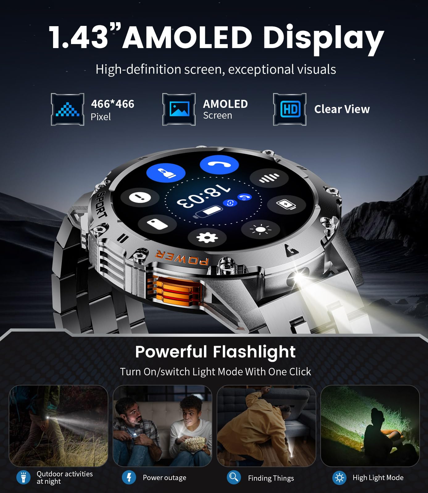 Military Smart Watch For Men With Flashlight/5Atm Waterproof,1.43 ' ' Amoled Tactical Smartwatch With 500Mah Battery,110+ Sport