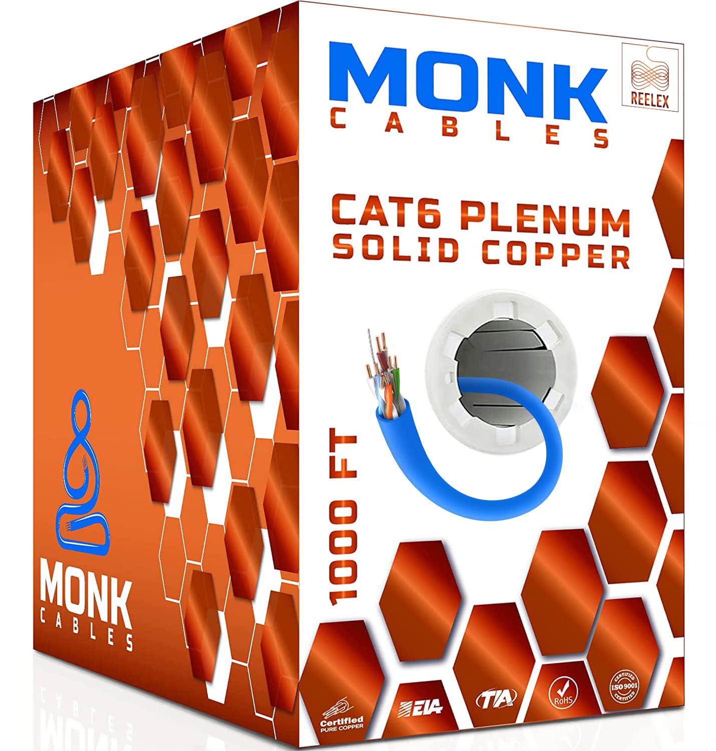 MONK CABLES | CAT 6 Ethernet Cable 1000ft | 100% Pure Bare Solid Copper Cat 6 Cable | 23AWG UTP CMP Rated Plenum | 550MHz, 10Gbp
