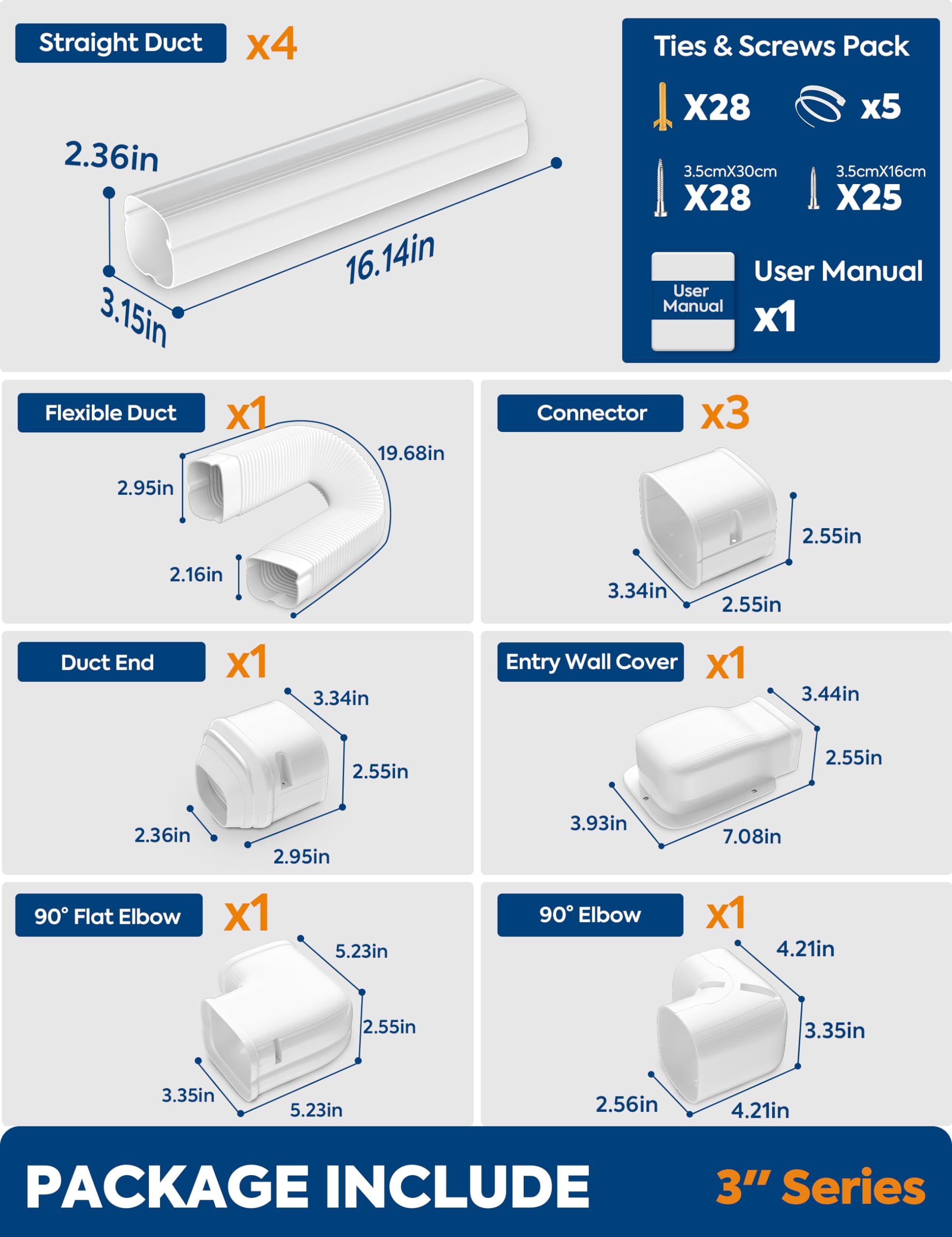 Nouscan 3'' 16Ft Mini Split Line Set Cover With Flexible Duct, Upgrade Pp Decorative Minisplit Lineset Cover Kit, Paintable For