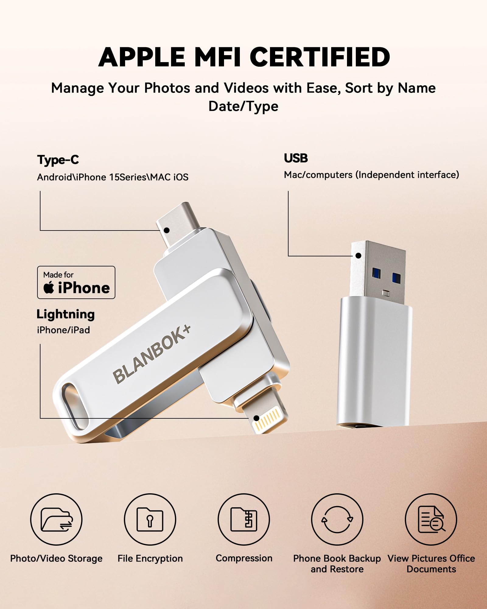 BLANBOK+ MFi Certified 256GB Flash Drive for iPhone, USB Thumb Drive, Silver, High Speed Photo Storage for iPhone/iPad/Android/PC