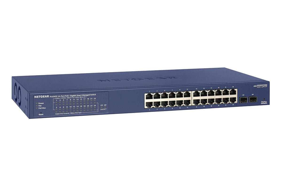 Netgear 26 Port Poe Gigabit Ethernet Smart Switch (Gs724Tp)   Managed, 24 X 1G, 24 X Poe+ @ 190W, 2 X 1G Sfp, Optional Insight C