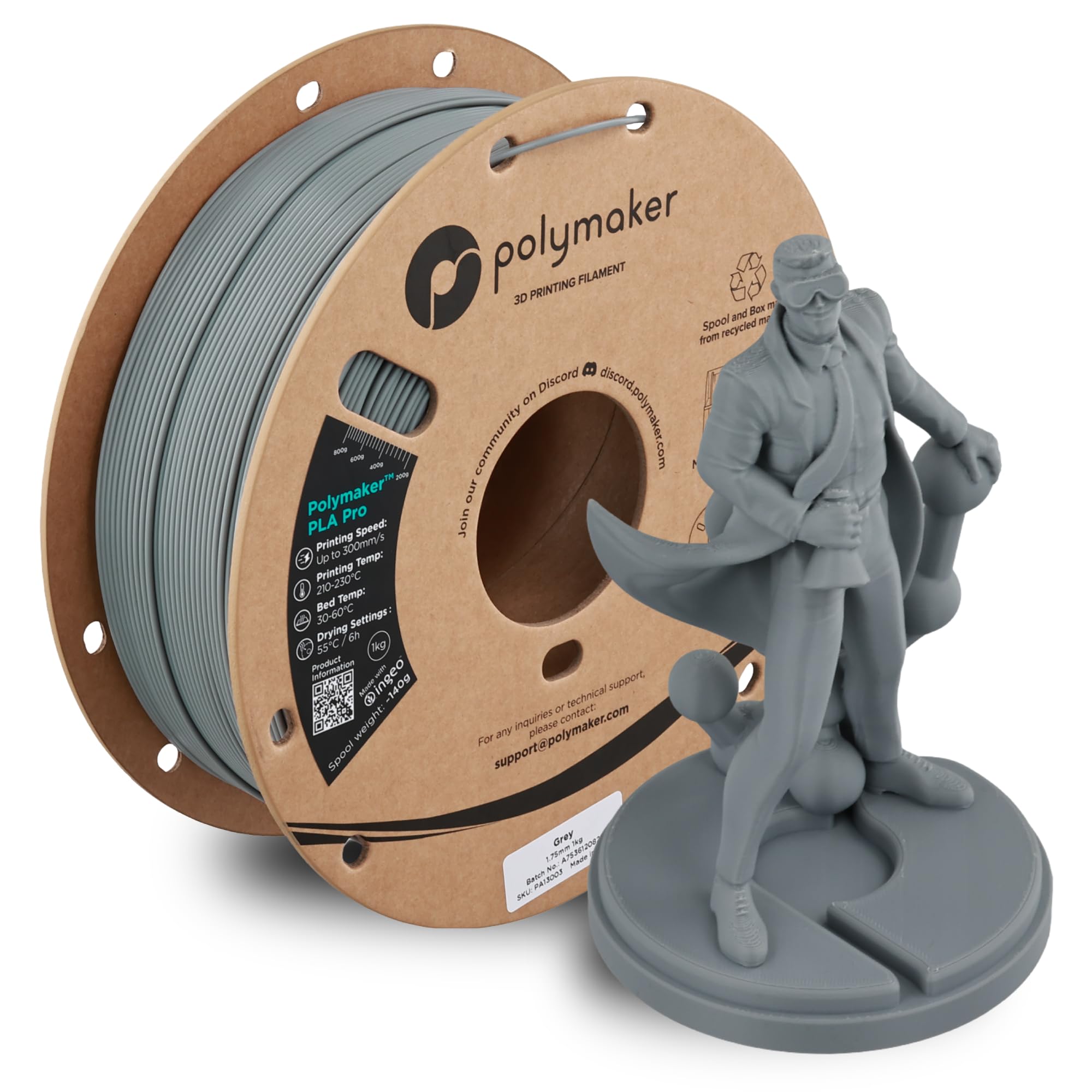 Polymaker PLA Pro 3D Printing Filament Grey 1.75mm 1KG, High-Impact Tough PLA, Fast Printing up to 300mm/s, Easy to Print, No En