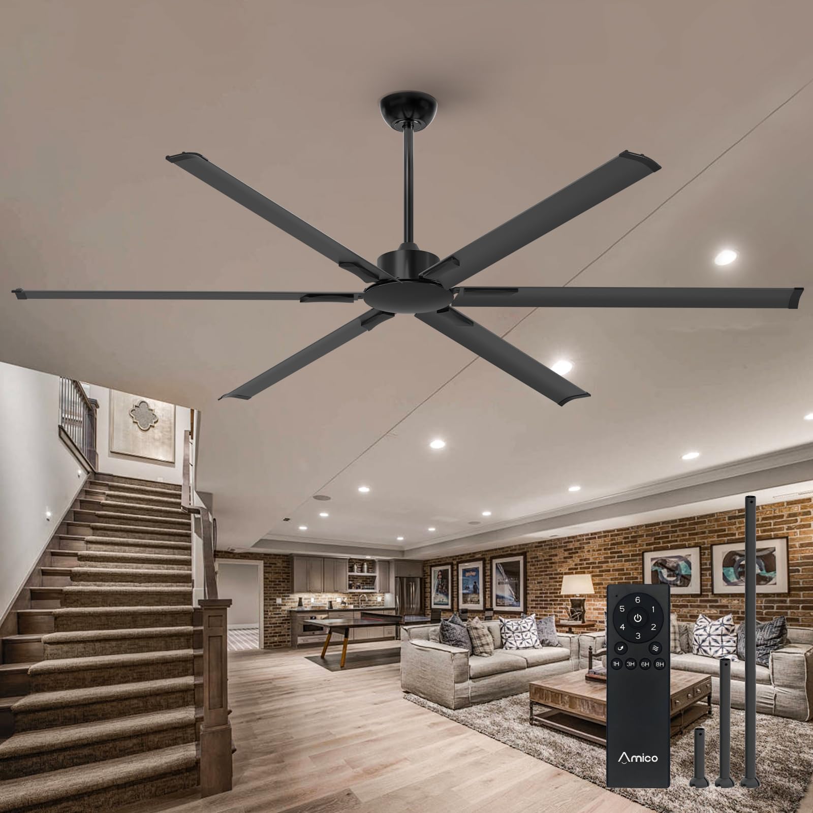 Amico 84 Inch Industrial Ceiling Fans Without Lights, Indoor/Outdoor Ceiling Fan With Remote Control, Reversible, 6 Blades, Nois