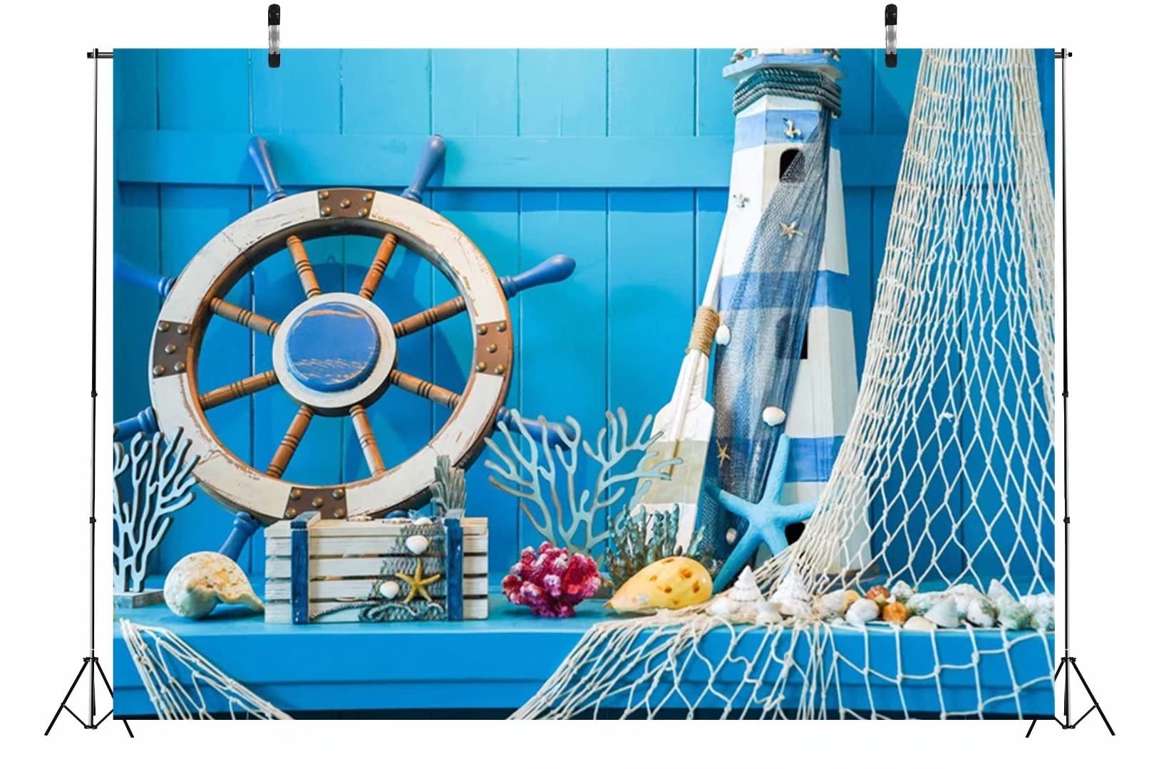 Beleco 7X5Ft Fabric Blue Wooden Nautical Backdrop Sailor Backdrop Sailing Ship Boat Rudder Fishing Net Lighthouse Background Sum