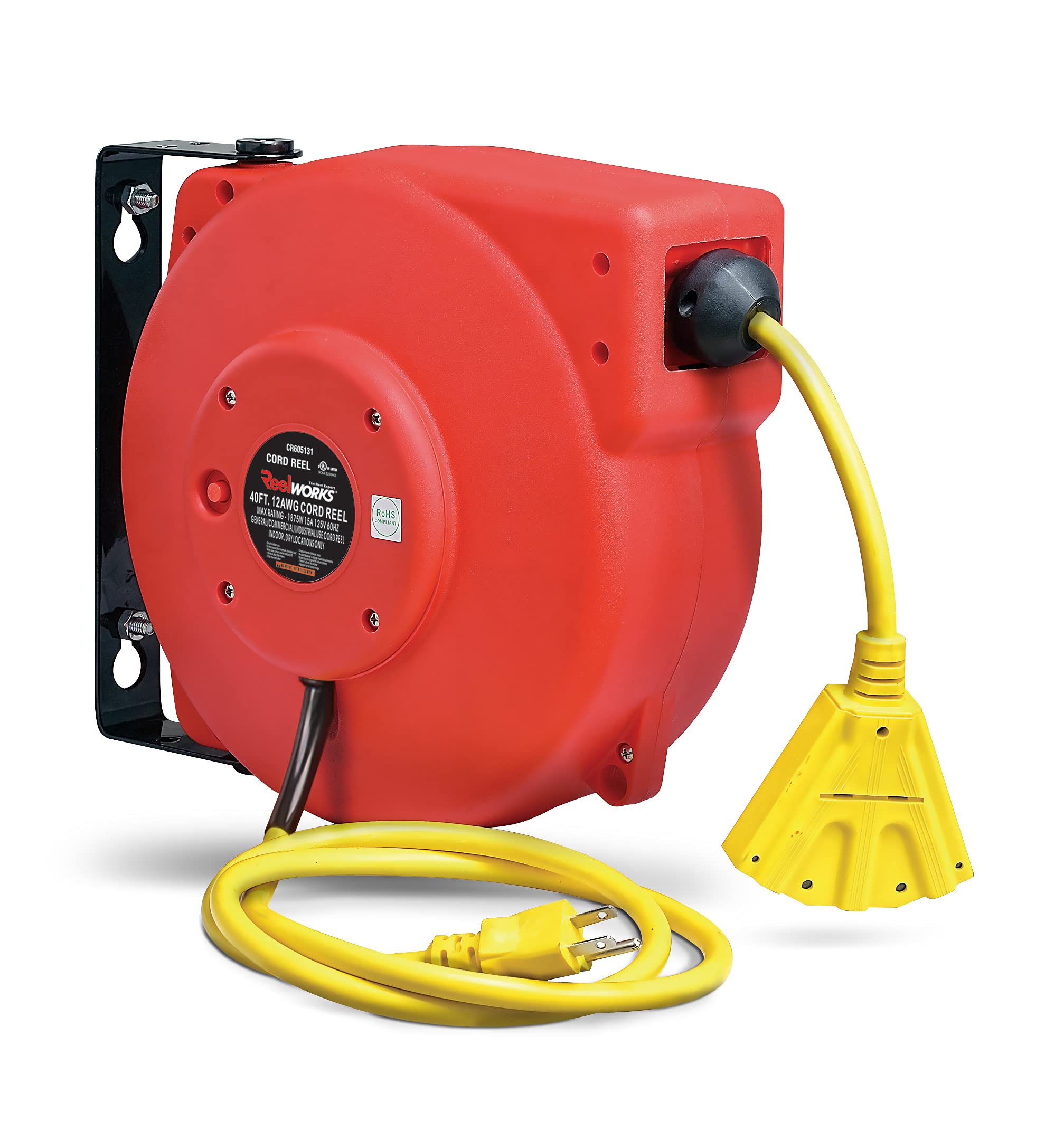 Reelworks Retractable Extension Cord Reel Polypropylene 12Awg X 40' Foot Industrial Commercial Grade 3C Sjt Cable Triple Tap Con